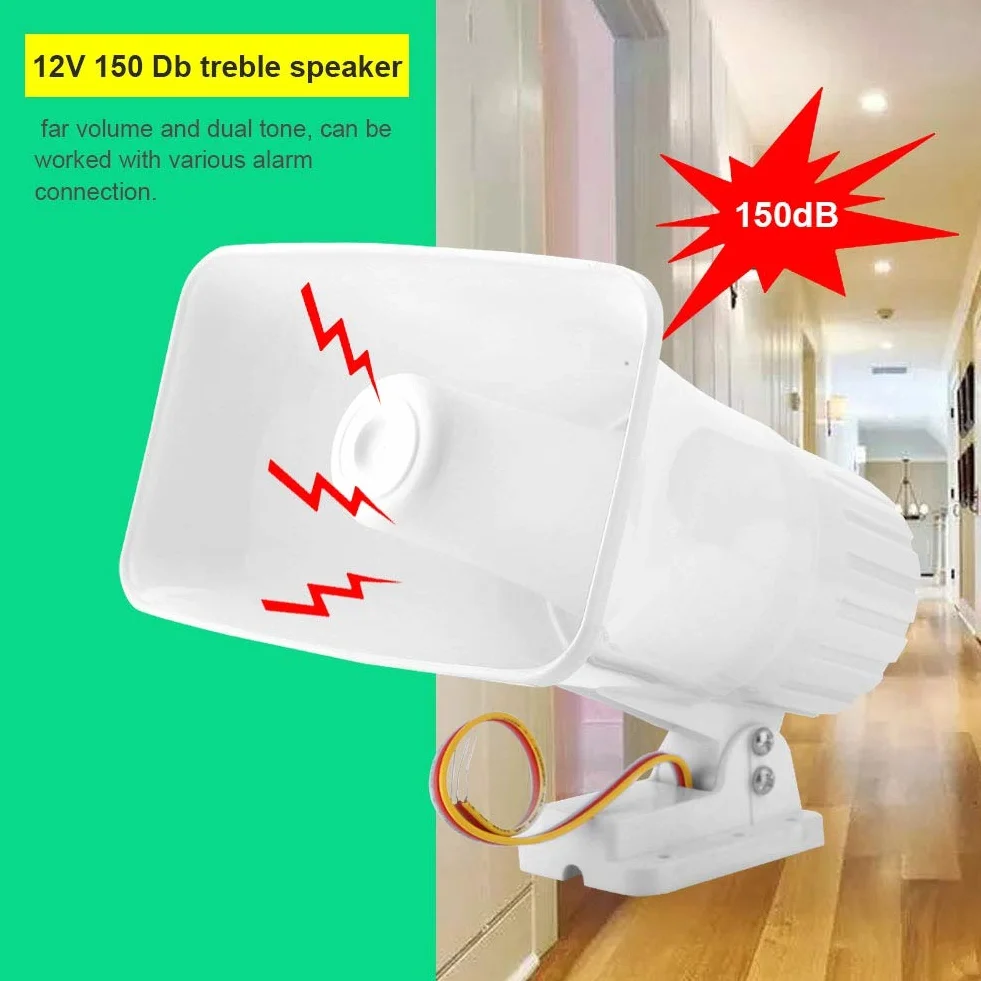 150dB DC 12V Dwutonowa Przewodowa Syrena Syrena Przeciwwłamaniowa Ostrzeżenie Althorn dla Bezpieczeństwa w Domu - 20x12,5x23cm, Może Pracować z Różnymi Połączeniami Alarmowymi