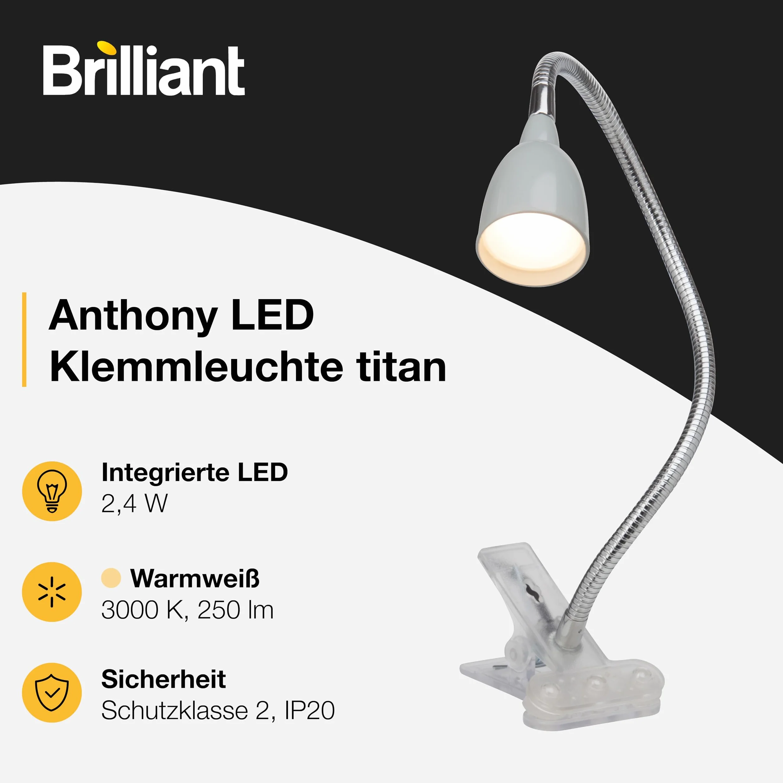 Brilliant Anthony LED lampa zaciskowa na biurko, 2,4 W, zintegrowana dioda LED, metal/tworzywo sztuczne, tytan G92936/11