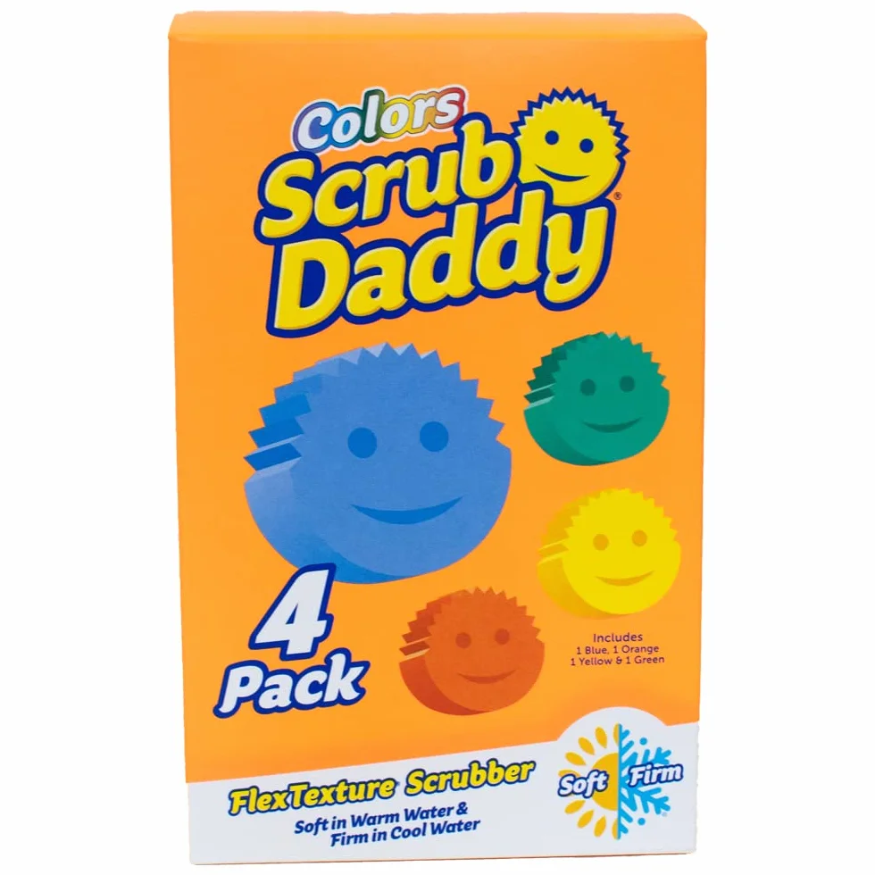 Scrub Daddy Colors Smiley Gąbka do czyszczenia, w opakowaniu zbiorczym – zmiana tekstury, odporna na zarysowania gąbka do mycia w kuchni, odporna na zapachy, można myć w zmywarce, 4 szt.