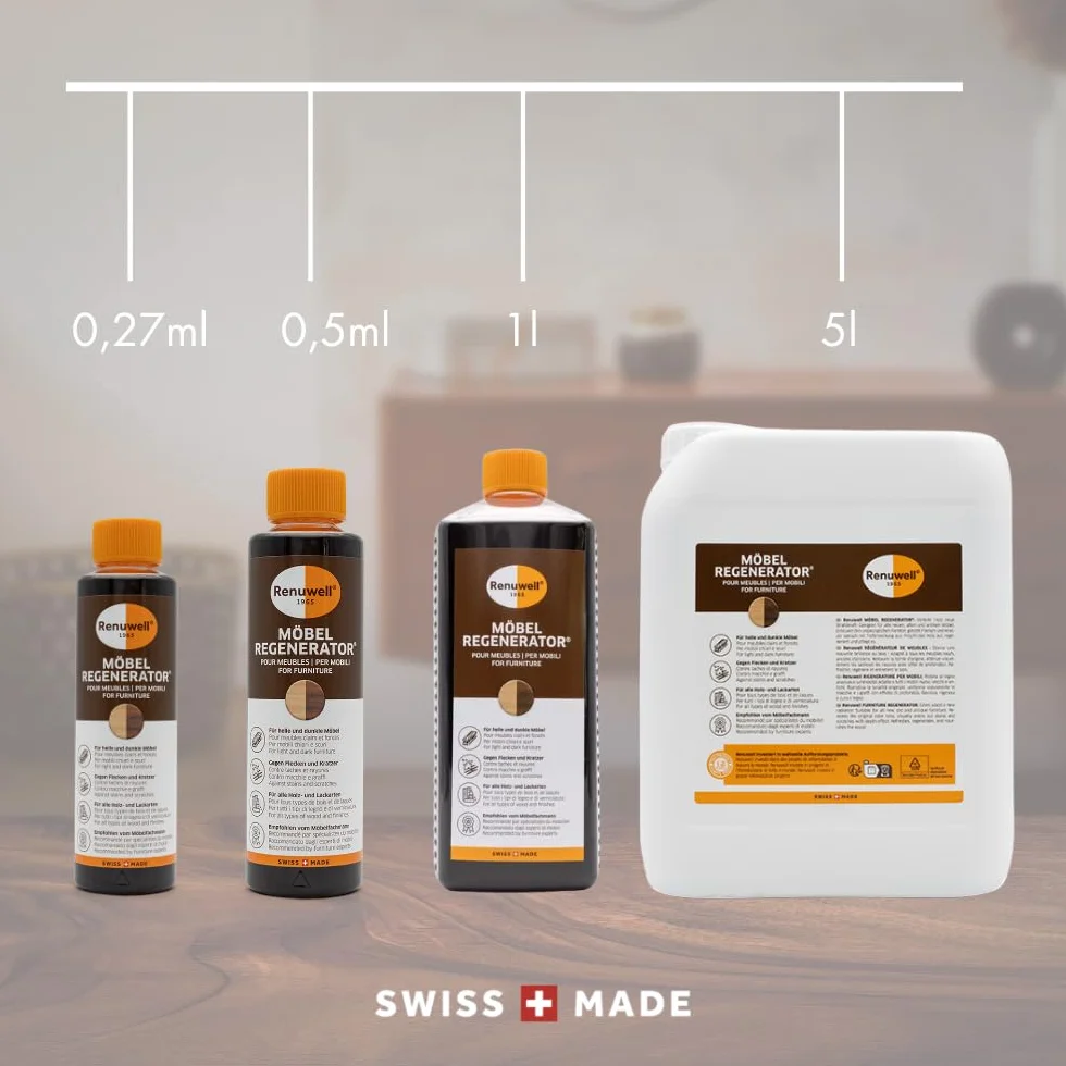 Renuwell Regenerator mebli, 270 ml – intensywna pielęgnacja i regeneracja drewnianych mebli i powierzchni, usuwa plamy z wody, zadrapania i pierścienie wysokiej temperatury, szwajcarski produkt