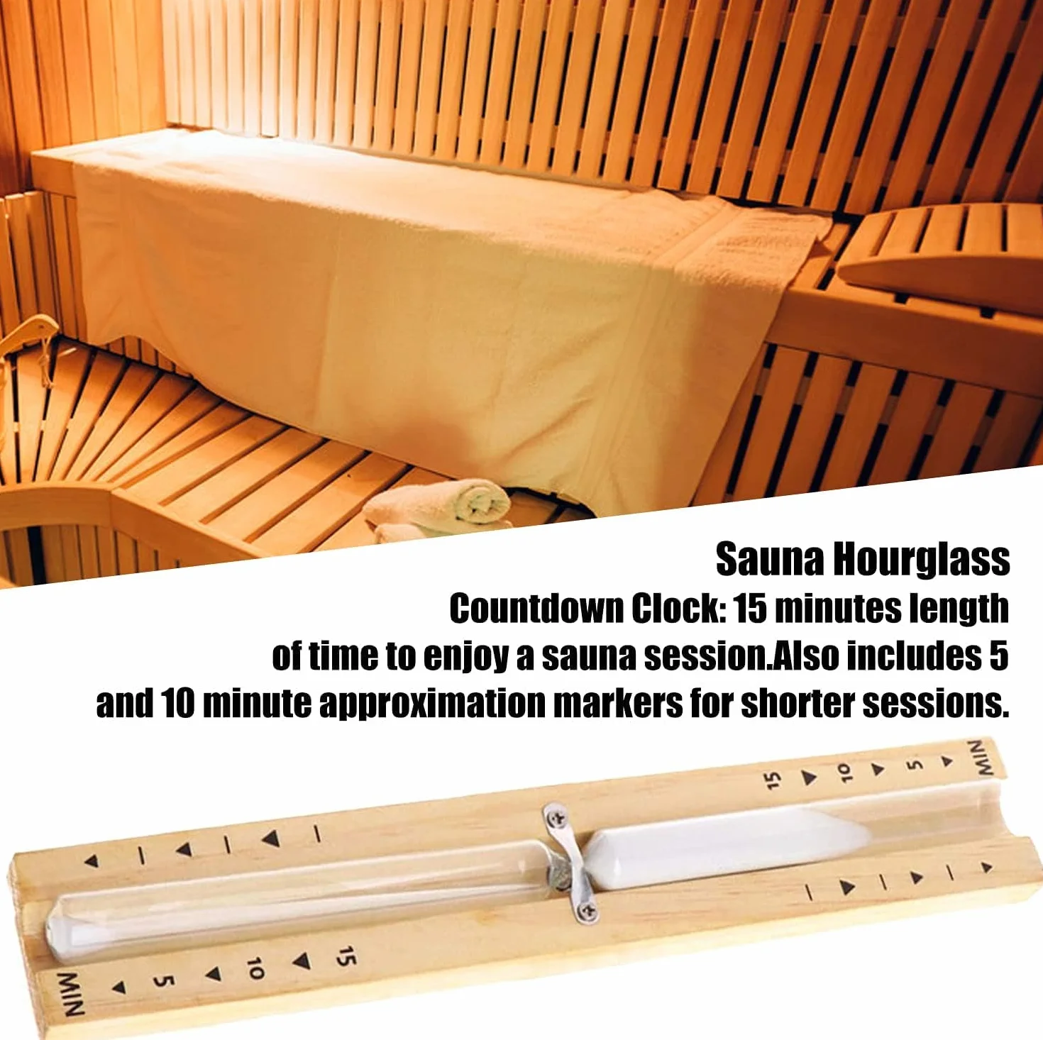 Klepsydra do sauny, timer, 15 minut, minutnik kuchenny, odporny na wysokie temperatury, do sauny, zegar z drewna, biały piasek