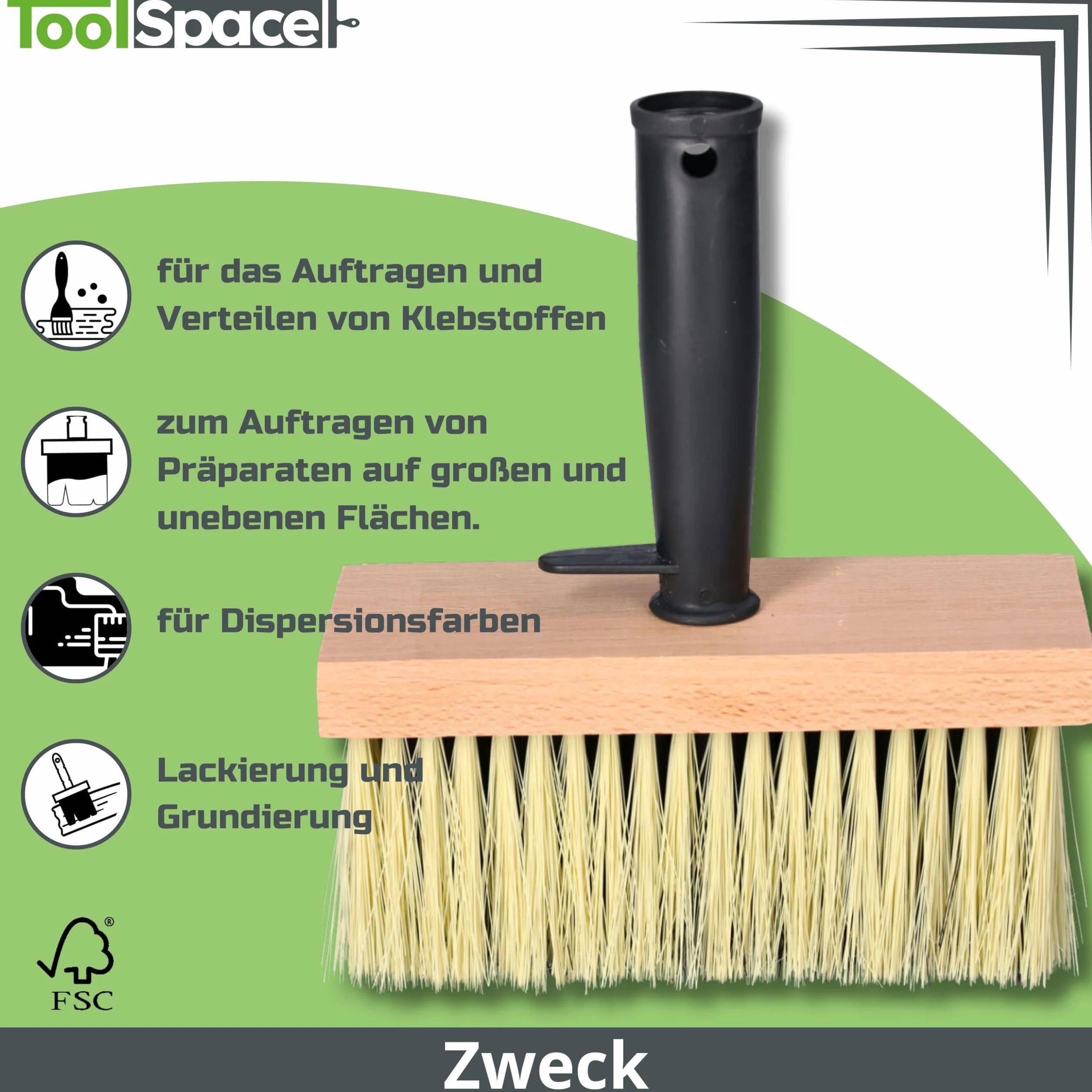 ToolSpace Pędzel Chlapak 170 mm - Nakrapiacz murarski - Do zacierania tynków, mas, lepików, do gruntowania - Polipropylenowe włosie, Erognomiczna, drewniana rączka - Solidna konstrukcja, Mocne włosie