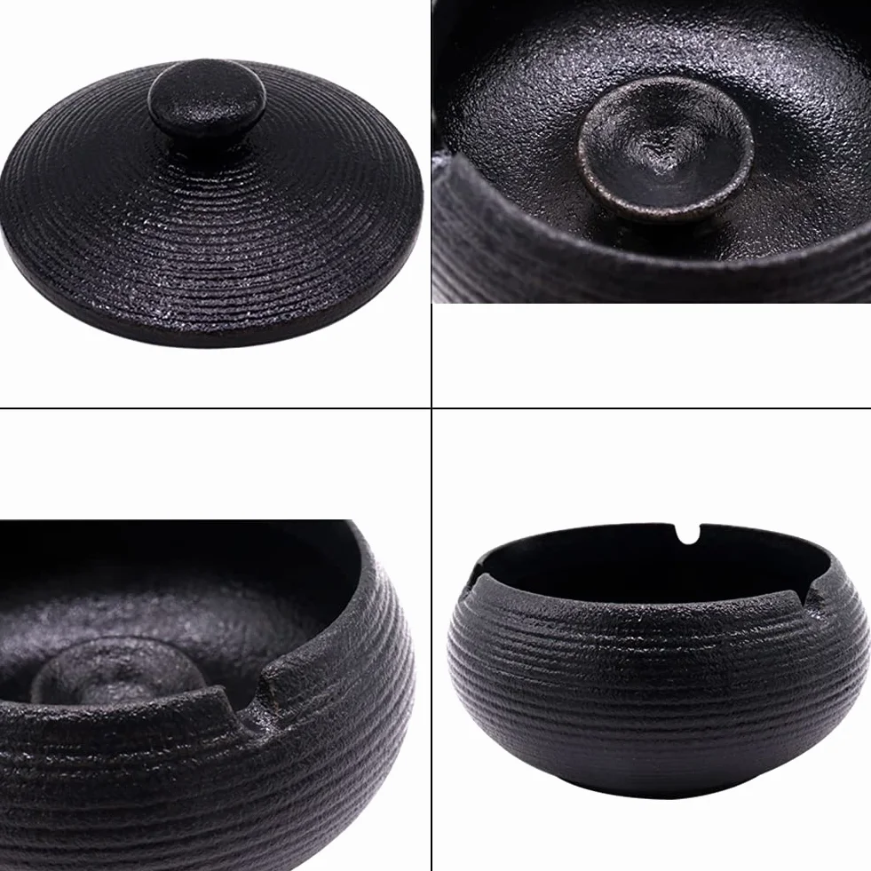Panngu Popielniczka przeciwwiatrowa, czarna, ceramiczna retro, popielniczka z pokrywką, do użytku na zewnątrz, prosta, popielniczka do cygar, dekoracja domu i biura (11,5 x 8,5 cm)