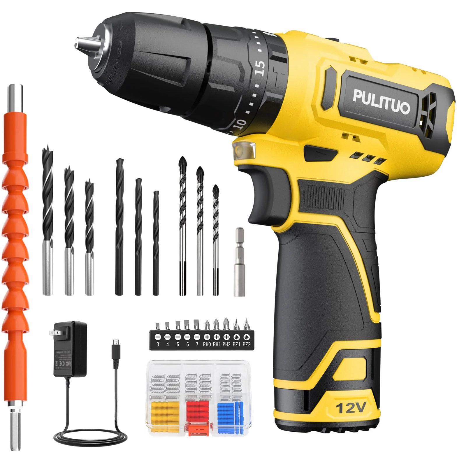 PULITUO akumulatorowa wiertarka udarowa 12 V, zestaw wkrętarek akumulatorowych z metalowym uchwytem 3/20.3 cm, 21 + 1 + 1 poziom momentu obrotowego, bateria 1500 mAh ze światłem LED, maksymalny moment