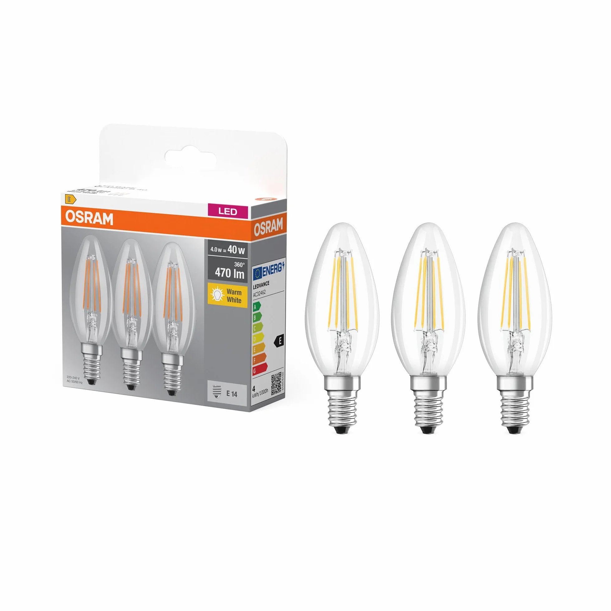 OSRAM Lampa LED | Trzonek: E14 | Ciepły biały | 2700 K | 4 W | przezroczysta | LED BASE CLASSIC B [Klasa efektywności energetycznej A++]