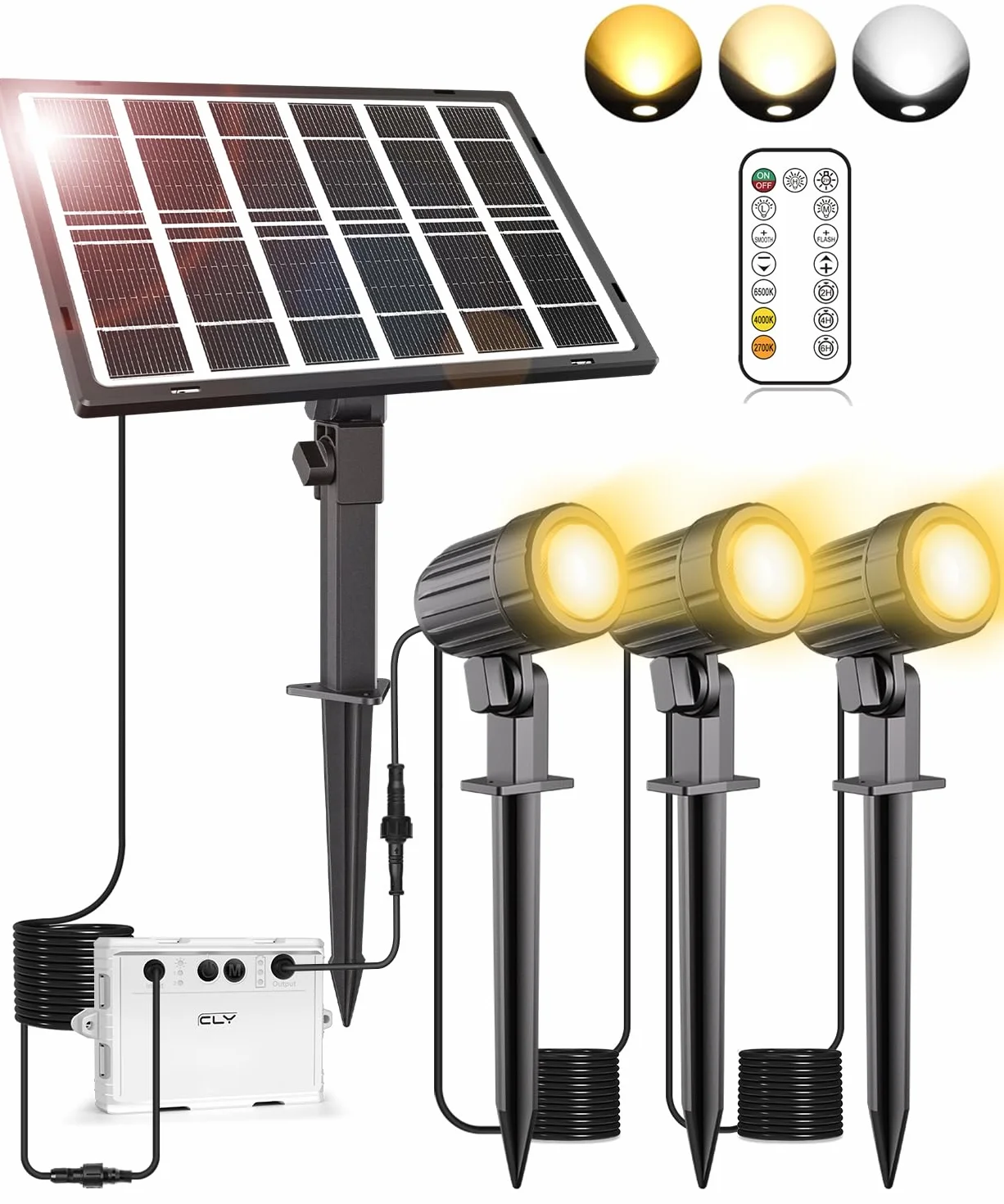 CLY reflektor solarny, solarna lampa ogrodowa zewnętrzna z pilotem 2700K 4000K 6000K 2 tryby dynamiczne lampy solarne IP66 wodoodporne 5000mAh funkcja pomiaru czasu oświetlenie ogrodowe do ogrodu