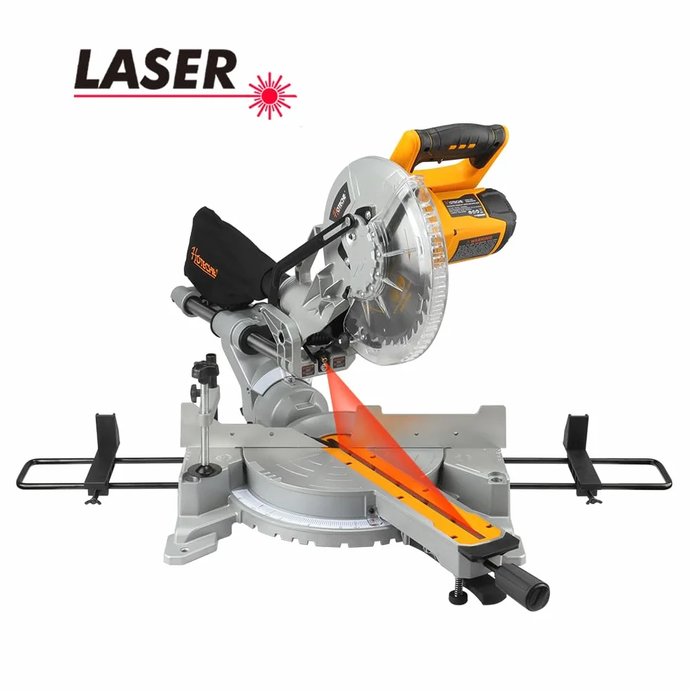 Hoteche Piła ukośna 255 mm z laserem, 2000 W, 220-240 V, 50/60 Hz, 5000 obr./min, do precyzyjnego cięcia 315 x 90 mm przy 0° 215 x 90 mm przy 45° 40T brzeszczot TCT wraz z akcesoriami, idealna do