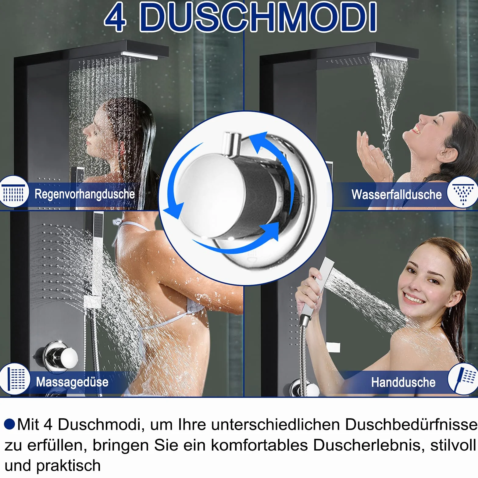 HENGMEI Panel prysznicowy system prysznicowy ze stali nierdzewnej szczotkowanej armatura prysznicowa zestaw prysznicowy z deszczownicą, prysznic z masażem, prysznic z wodospadem, słuchawka prysznicowa