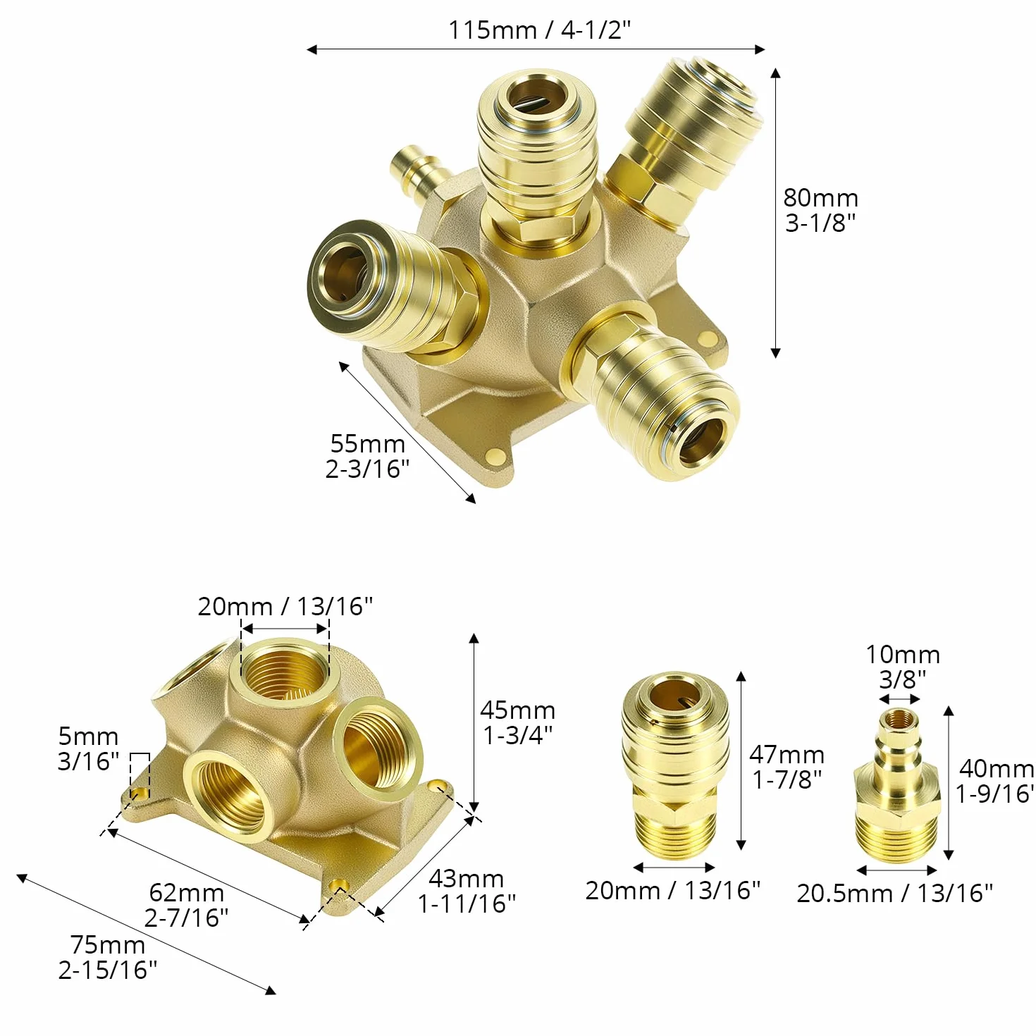 QWORK 4-drożny rozdzielacz sprężonego powietrza, rozdzielacz sprężonego powietrza G 1/2" NW 7,2 z mosiądzu, kompatybilny z większością sprężarek