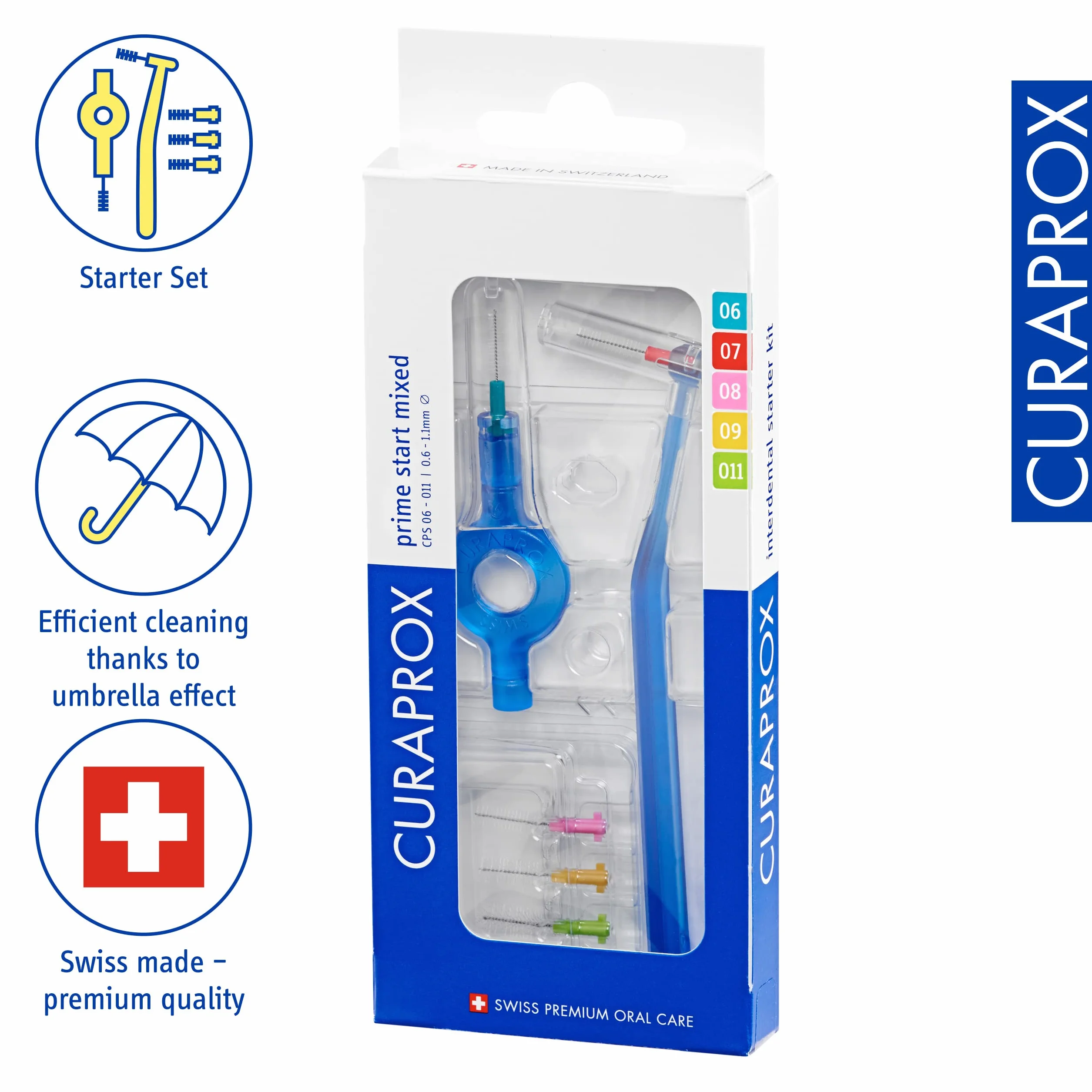 Curaprox Szczotki międzyzębowe CPS Prime Plus Mix-set/Średnica 0,6-1,1 mm/skuteczność 2,2-5 mm/Zestaw z 5 szczotkami Międzyzębowymi i uchwytem UHS 451 / Made in Switzerland