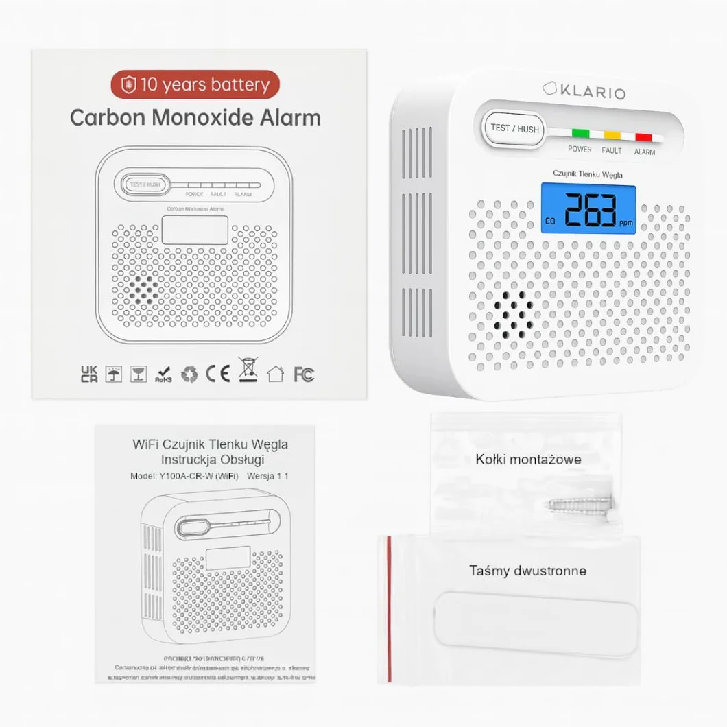 Klario Czujnik Czadu CO WiFi Tuya SmartLife Detektor Tlenku Węgla 85 dB LCD Bateria 10 lat EN50291