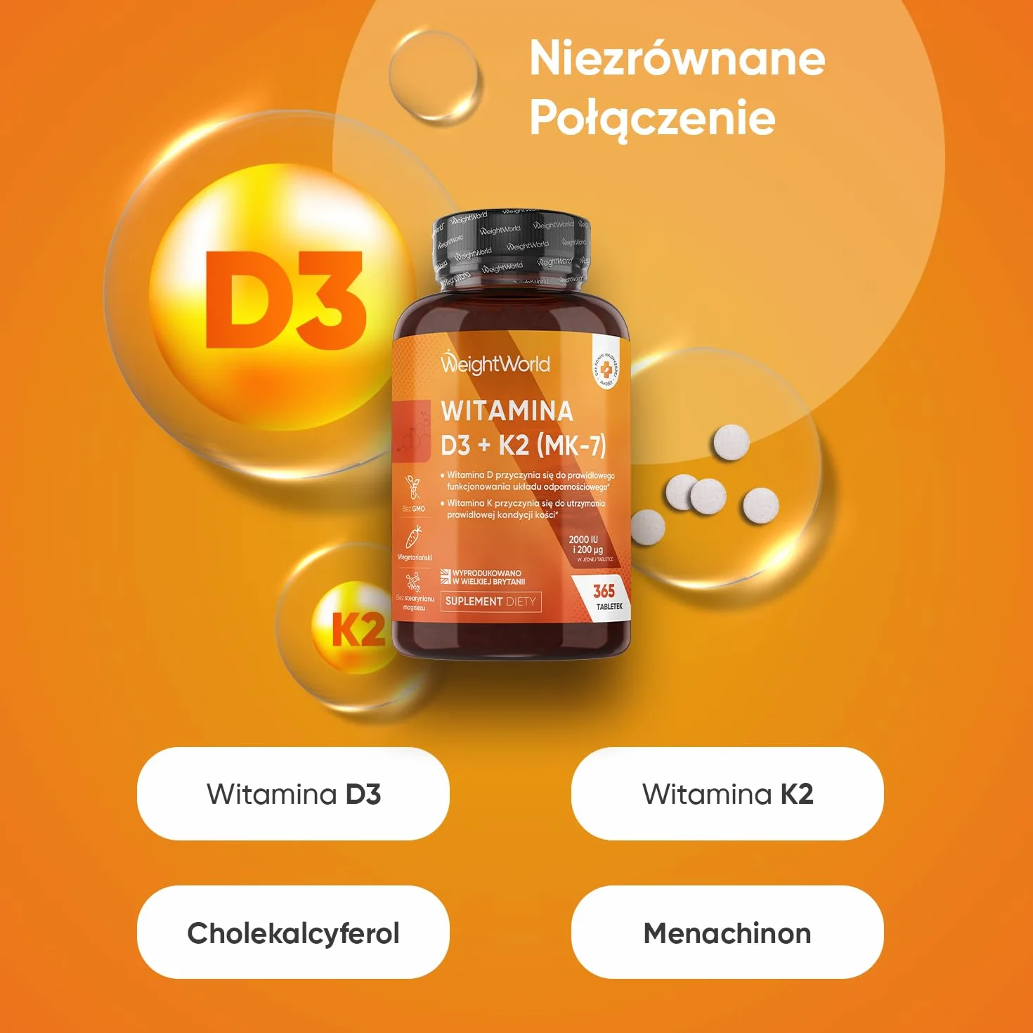 Witamina D3 i K2 2000 IU + 200 µg – 365 wegetariańskich tabletek witaminy D i MK7, produkt bez GMO – Witamina D przyczynia się do utrzymania prawidłowego stanu kości (EFSA)