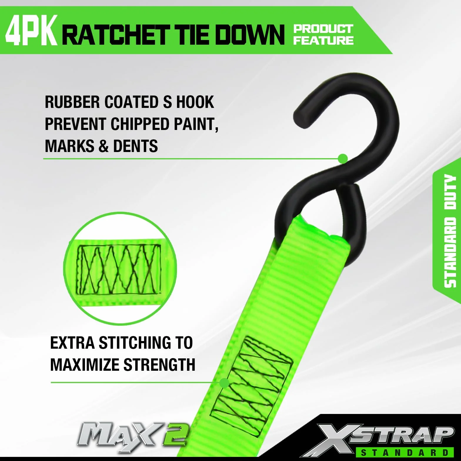 XSTRAP STANDARD Ratchet Tie Down Straps 4Pk 15Ft 1500Lb Break Strength, Cargo Straps for Moving Appliances, Lawn Equipment, Motorcycle, Includes 4 Soft Loops