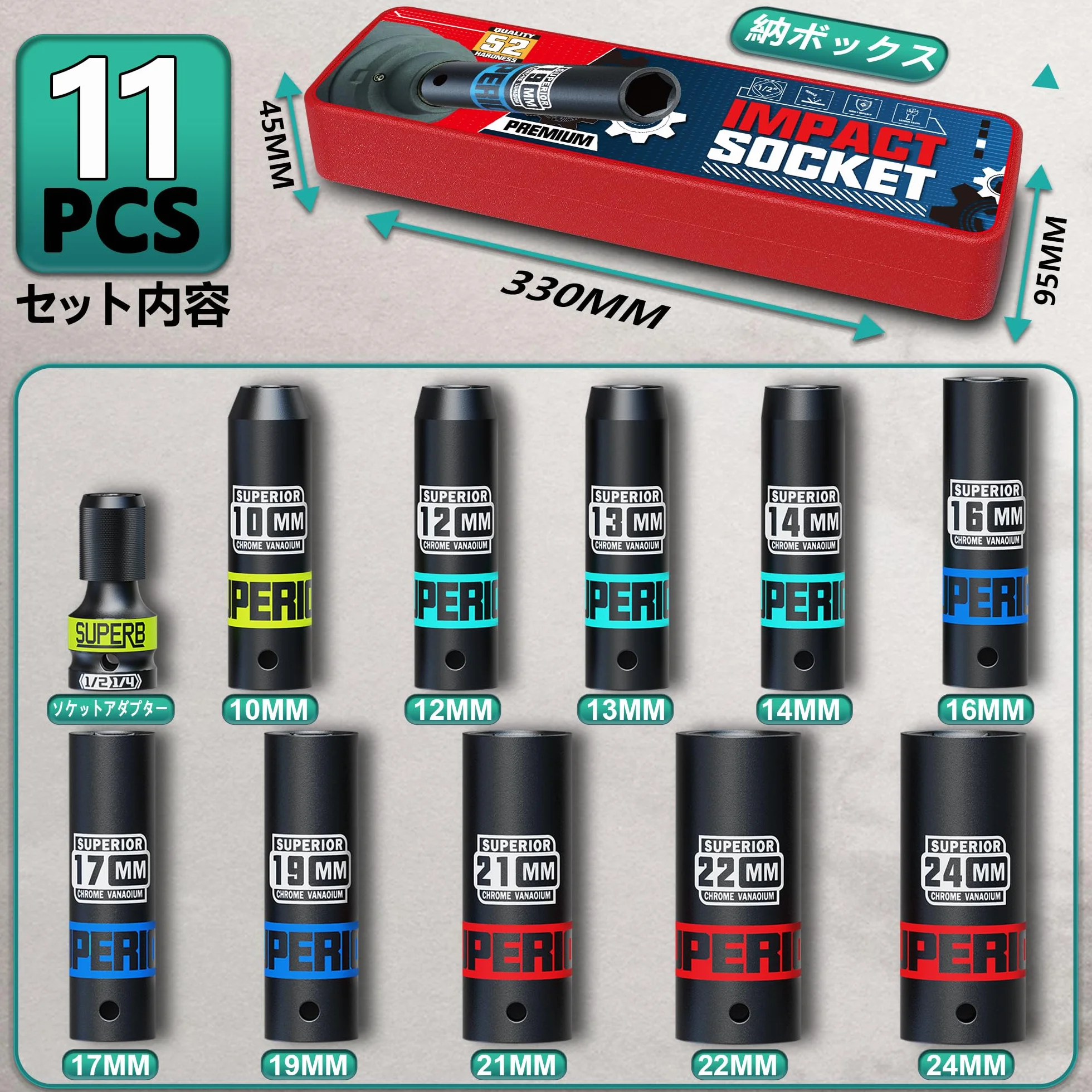 Zestaw głębokich nasadek, kąt wstawiania 0,5 cala (12,7 mm), zestaw 11-częściowy, nasadki udarowe, 10-24 mm, adapter gniazda w zestawie, zamiennik opon motocyklowych