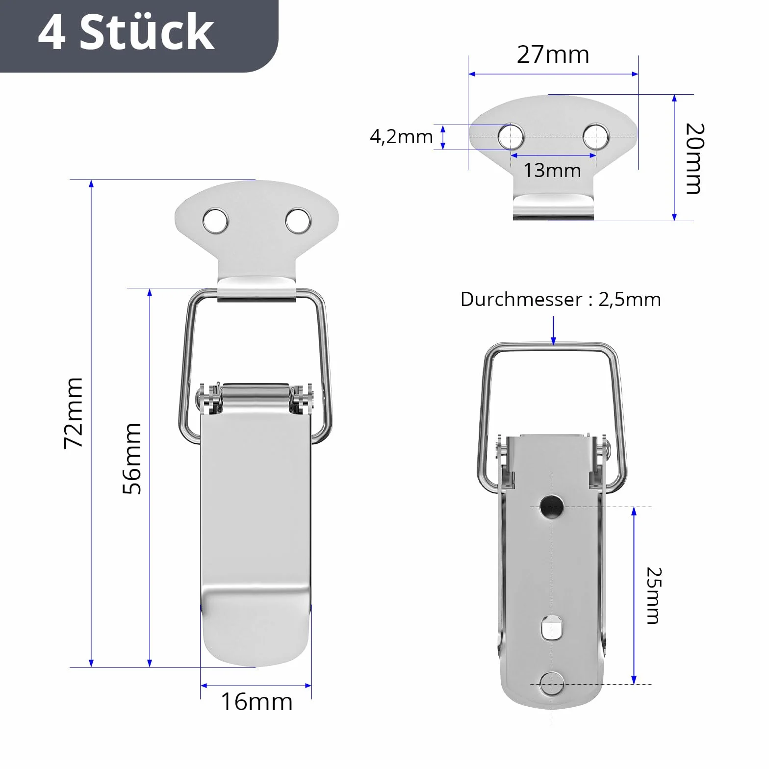 Zamknięcie zaciskowe, stal nierdzewna, 4 sztuki, 56 mm, ze śrubami, 16 sztuk, zamknąć, dźwigniowe, skrzynkowe, nasadkowy do skrzynki narzędziowej, szuflady, skrzyni