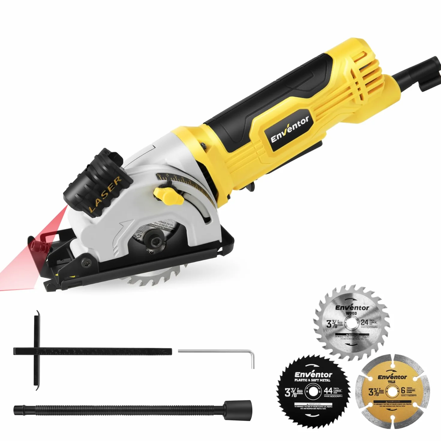 Enventor 580W Mini piła tarczowa, mini ręczna piła tarczowa z linijką i prowadnicą laserową, 4000 obr./min, trzymanie jedną ręką, 3 brzeszczoty, do drewna, płytek, tworzyw sztucznych i cienkich metali