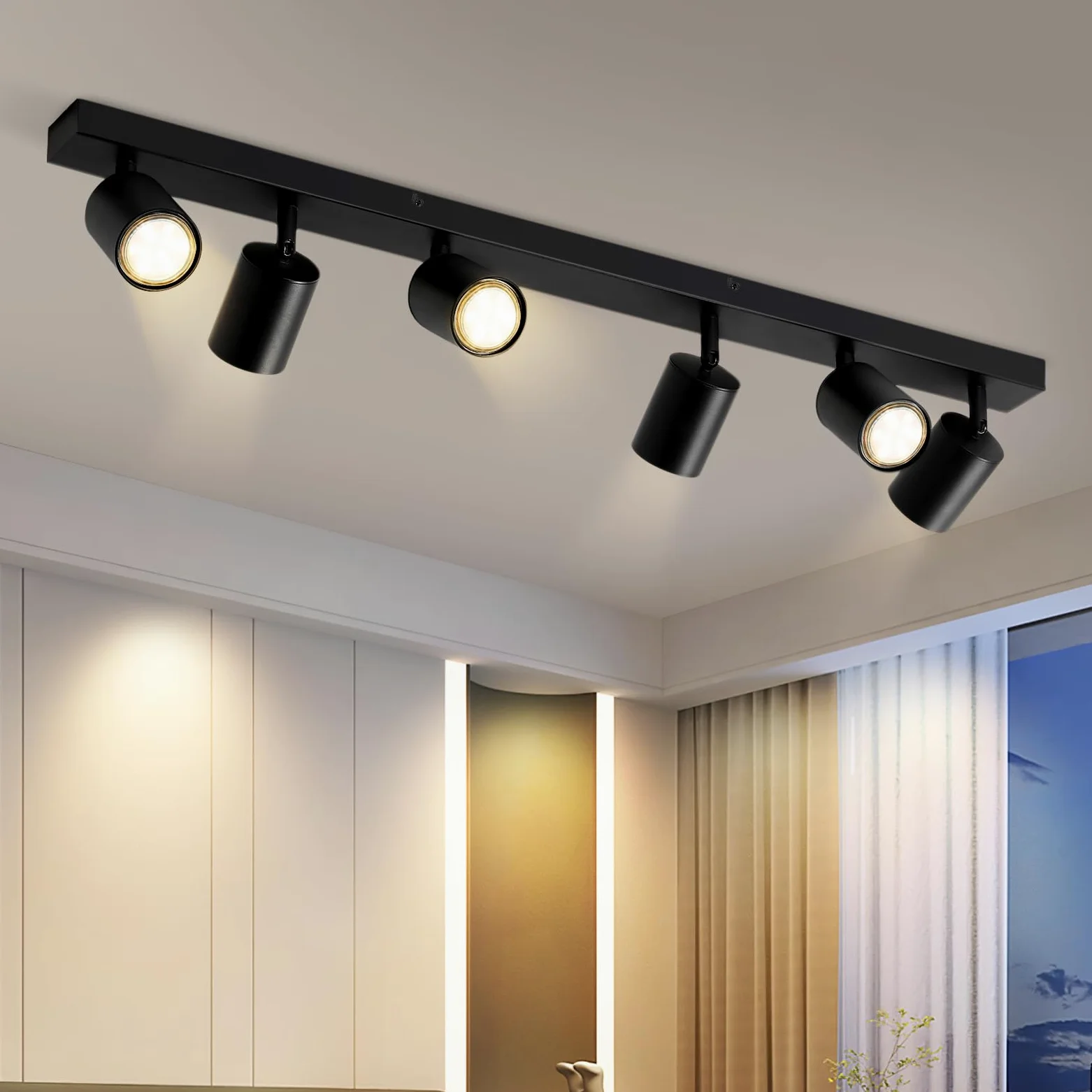Glitzerlife reflektor sufitowy LED 6-płomieniowy - lampa sufitowa czarna GU10 obrotowy 350° długi nowoczesny reflektor sufitowy lampa kuchenna salon sypialnia korytarz MAX.25W bez żarówki