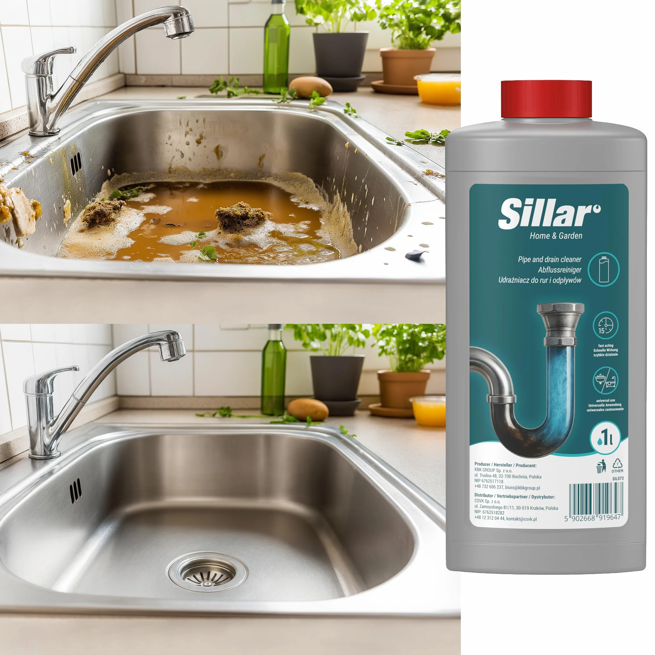 Sillar Żel do udrażniania rur 3x 1000ml EXTRA MOCNY, rozpuszcza włosy, tłuszcz i resztki – do kuchni, prysznica i WC, efekt piany