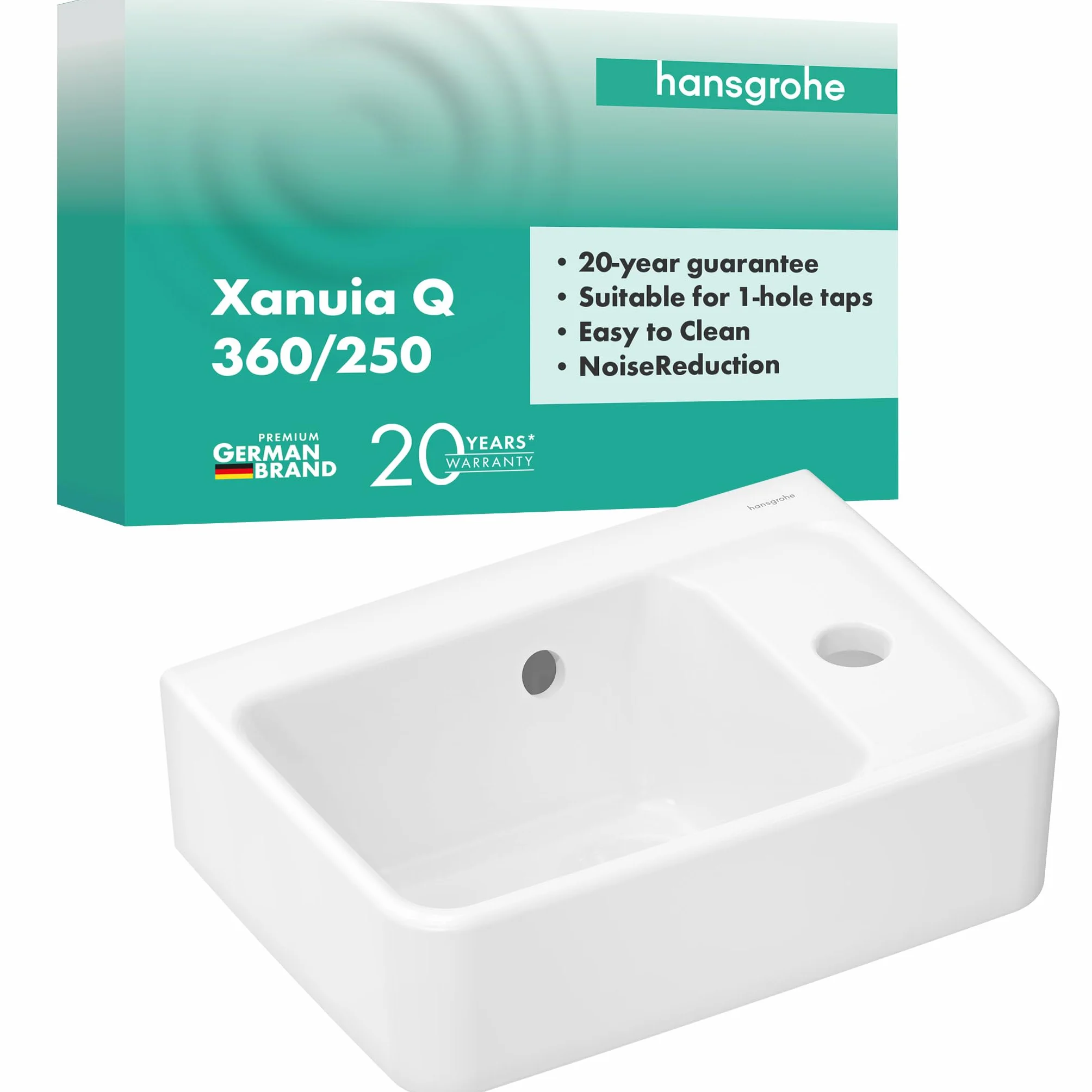 hansgrohe Xanuia Q - umywalka ręczna, mała umywalka 360 x 250 x 105 mm z otworem na kran i przelewem, umywalka WC dla gości, wisząca na ścianie, biała, 60129450
