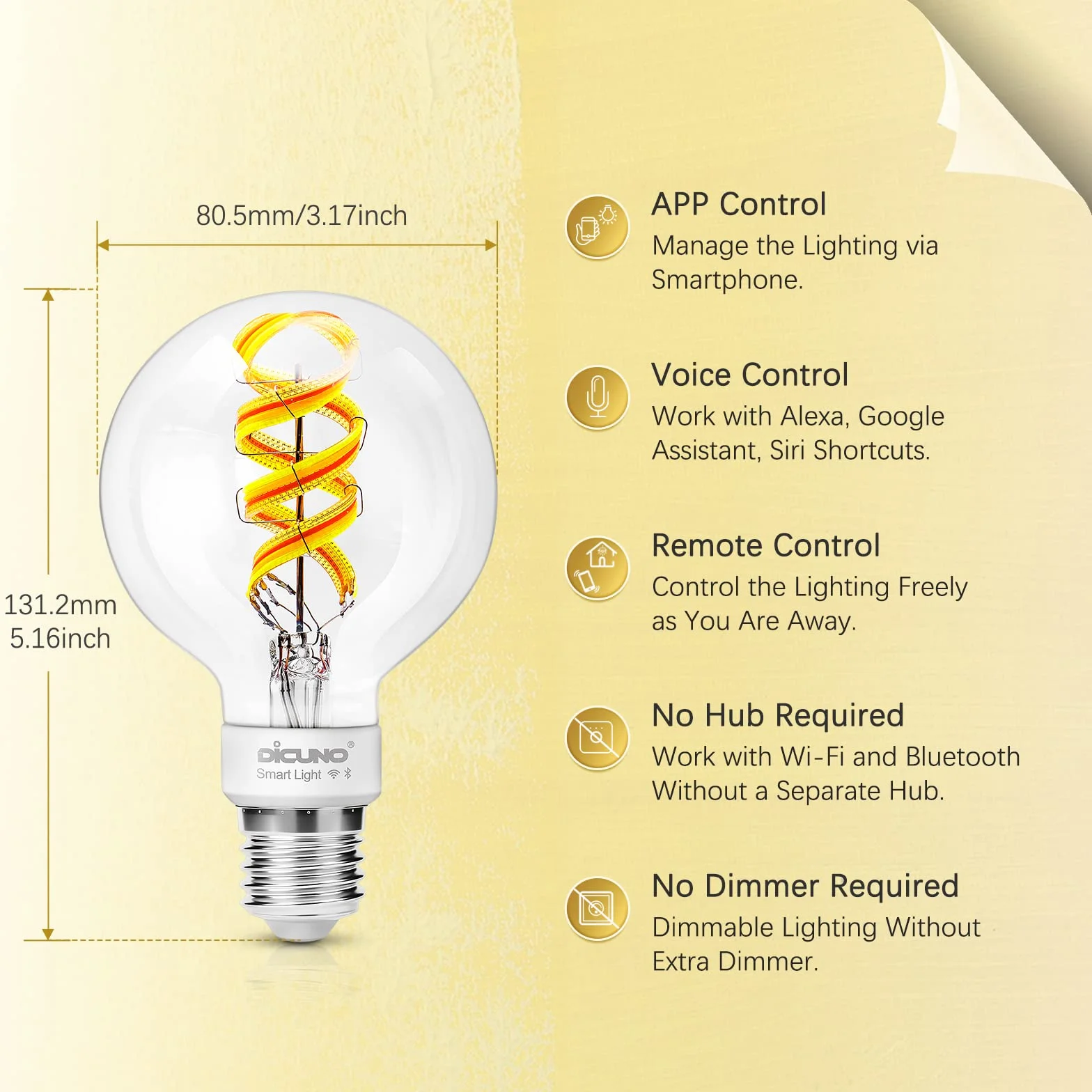 DiCUNO Żarówka Smart Vintage E27, 5 W, filament G80 Edison, inteligentna żarówka LED, 450 lm, RGBCCT ściemniana 2700-6500 K, sterowanie za pomocą aplikacji, kompatybilna z Alexa, Echo Dot, Google