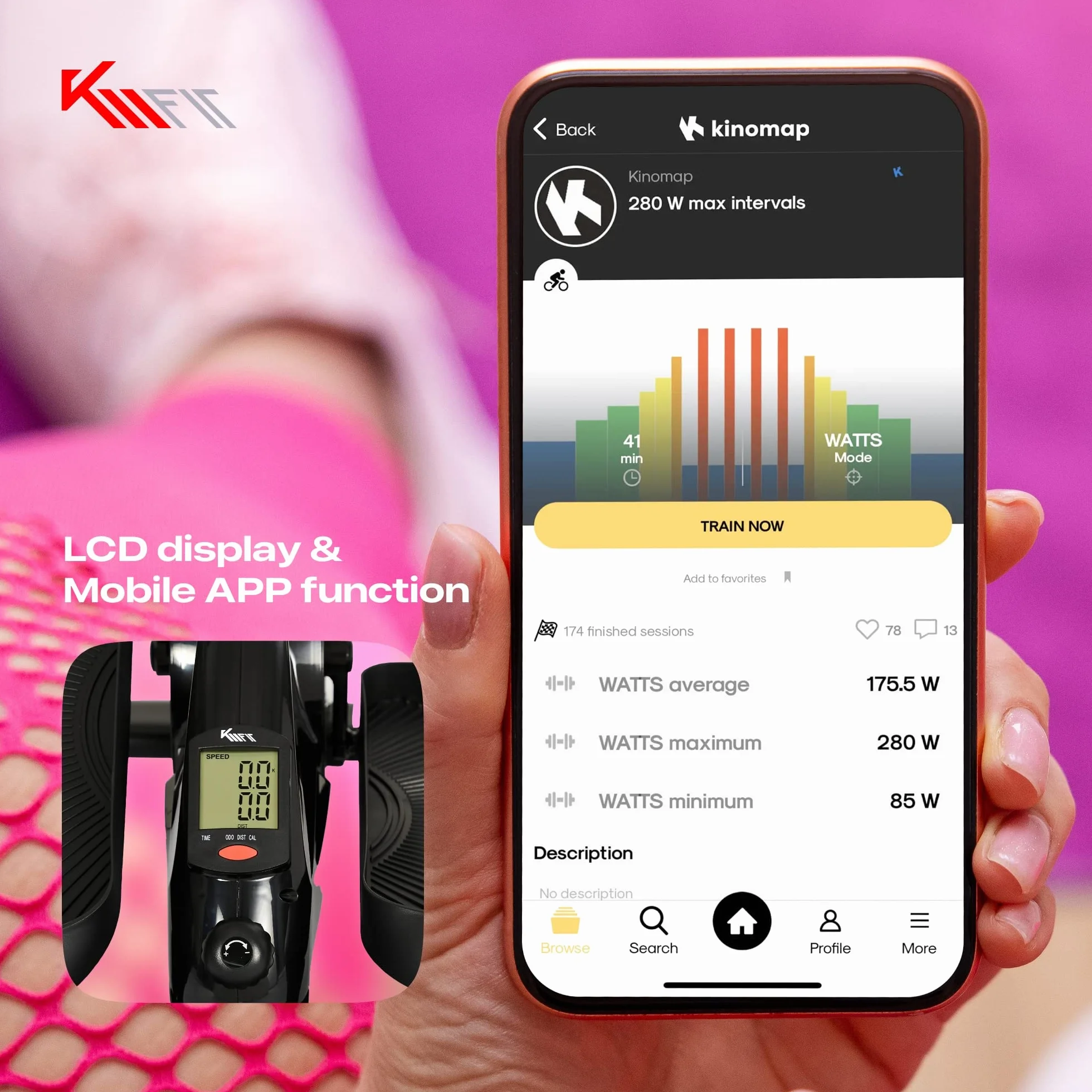 KM FitTrenażer nóg z wyświetlaczem LCD i aplikacją | Rower treningowy | Mini trenażer eliptyczny | Crosstrainer do domu i biura | Płynna regulacja oporu magnetycznego | Do 100 kg | System SilentBelt