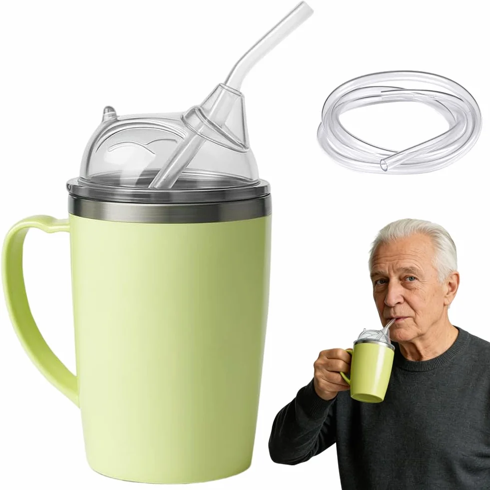 Kubek z dzióbkiem 3 w 1, dla seniorów, 350 ml, z uchwytem i słomką 30 cm, dla dorosłych z niepełnosprawnością, kobiet w ciąży i osób starszych