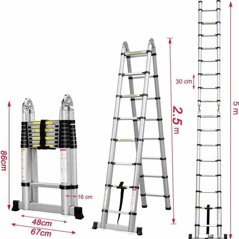 Drabina teleskopowa z chowanymi szczeblami, składana aluminiowa teleskopowa drabina rozkładana, nośność 150 kg (5 m, 2,5 m + 2,5 m)
