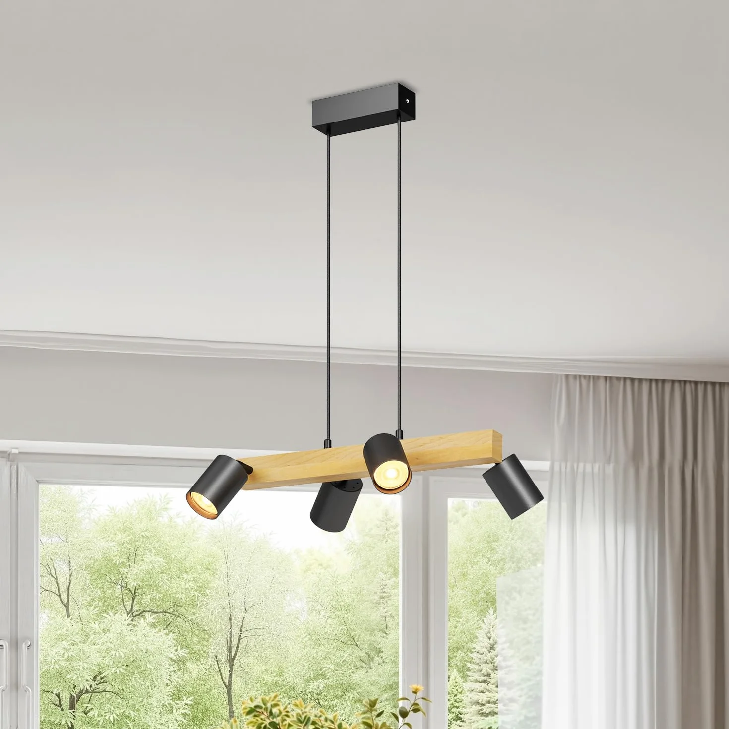 LVWIT Czarne lampy wiszące, lampy wyspowe do kuchni GU10, drewniane lampy sufitowe, lampa sufitowa do jadalni z 4 podstawami, salonu, sypialni, przedpokoju (bez żarówek)