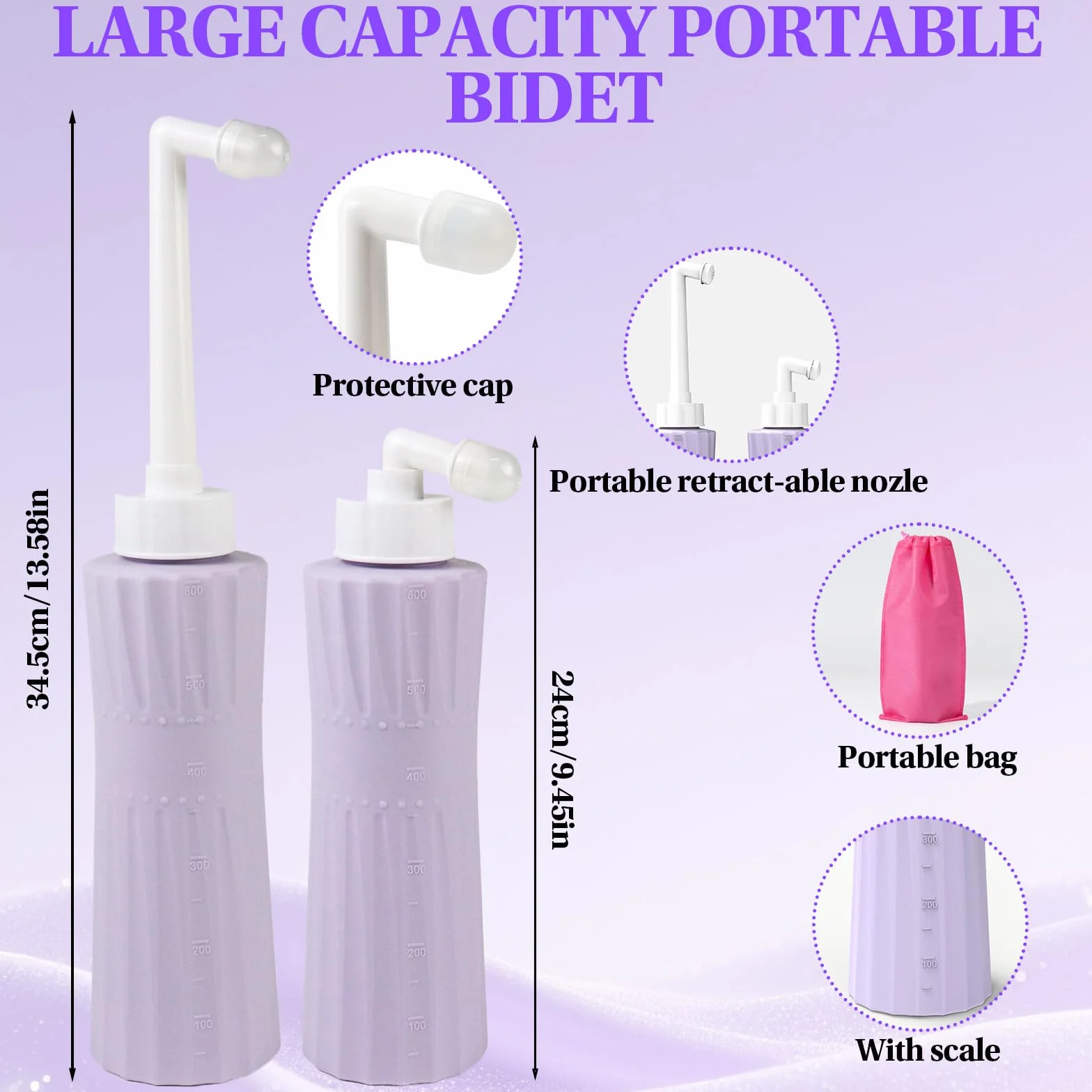 2-częściowy zestaw po prysznic 600 ml ze skalą – przenośna podtusza dla kobiet i mężczyzn, do kąpieli intymnych, przenośny bidet do podróży, popo do toalety – fioletowy