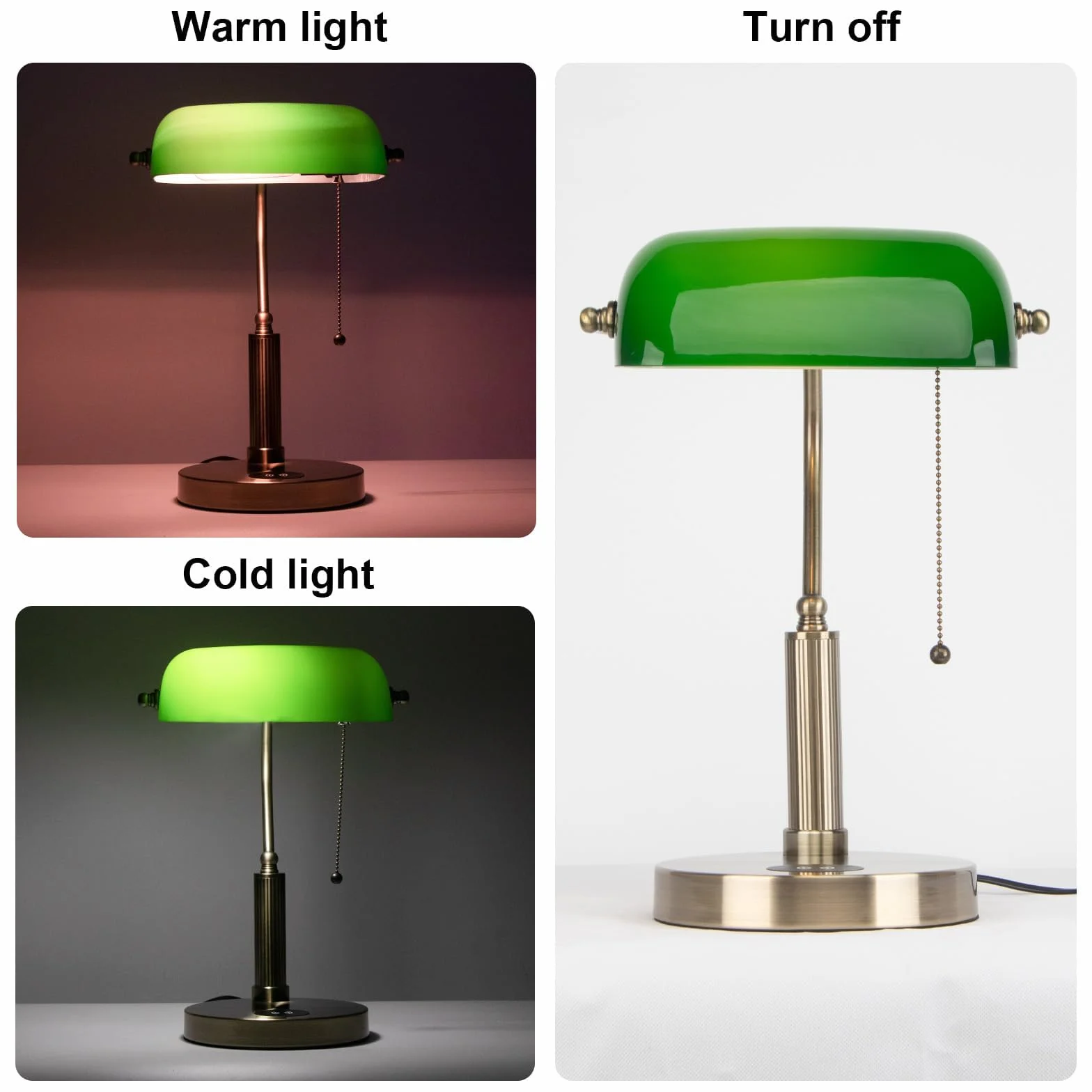 FIRVRE Bankers, zielona szklana lampka na biurko, stolik nocny, lampka z bezprzewodowym ładowaniem, port USB, vintage, mosiądz, łańcuch ciągnący, przełącznik, klasyczna lampa stołowa do domu, biura