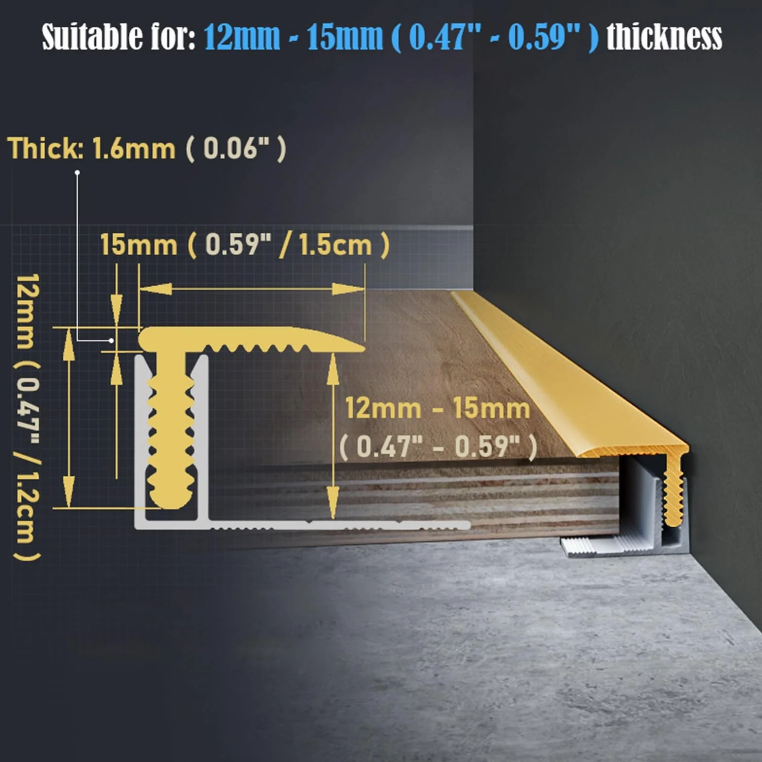 L Mold Listwa przejściowa podłogowa z szyną, 100–240 cm, miedziana krawędź do drewna na płytki, winyl, cement, długość 1,4 m, 15 x 12 mm, idealna do progów wejściowych i bezszwowych rozwiązań