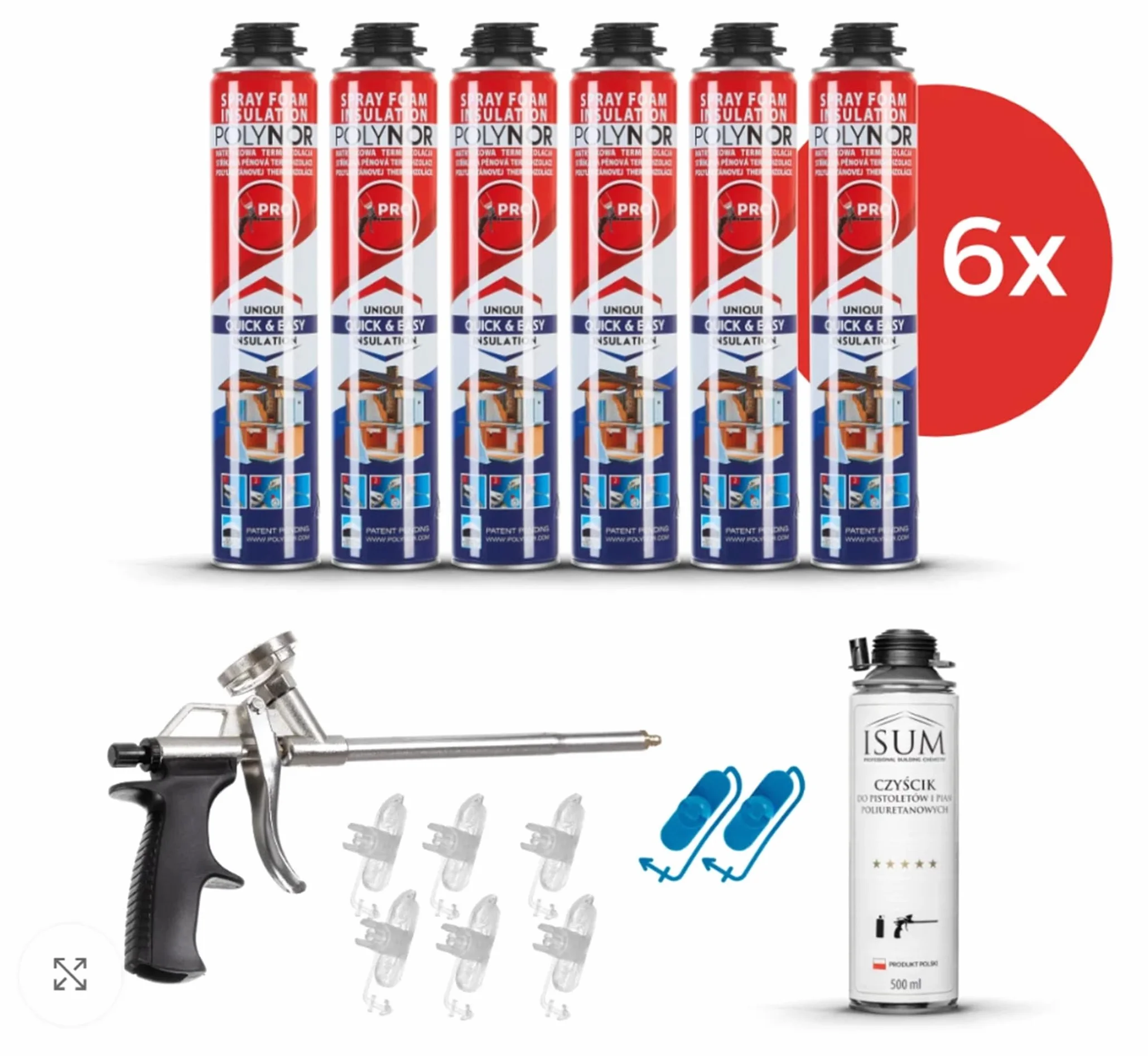 POLYNOR Izolacja Cieplna PUR w Puszce PRO - Zestaw 16 elementów - 6 Pianek - Pistolet do piany - Natryskowa Izolacja Termiczna - Izolacja Ścian, Dachów, Sufitów, Rur - Aerozol 750 ml
