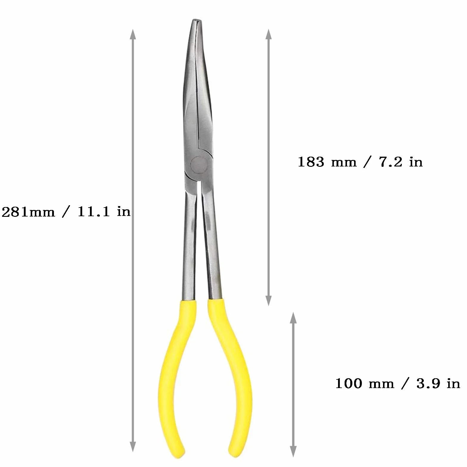 Szczypce o długim zasięgu 28 cm, zaprojektowane dla mechaników, techników i wykonawców, praca z delikatnymi lub trudno dostępnymi elementami | frezowane szczęki | stalowe szczypce wygięte 45