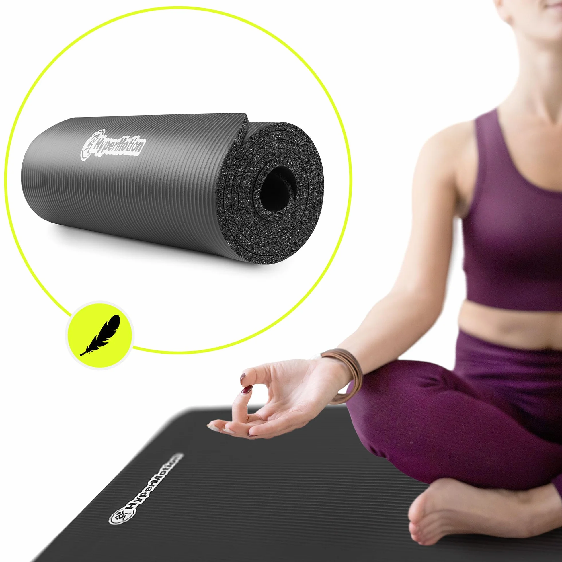 HyperMotion Mata do Ćwiczeń Fitness i Jogi NBR 183x61x0,8 cm Czarna, Antypoślizgowa, 8 mm, z Paskiem do Ćwiczeń i Przenoszenia, do Jogi, Pilatesu i Stretchingu