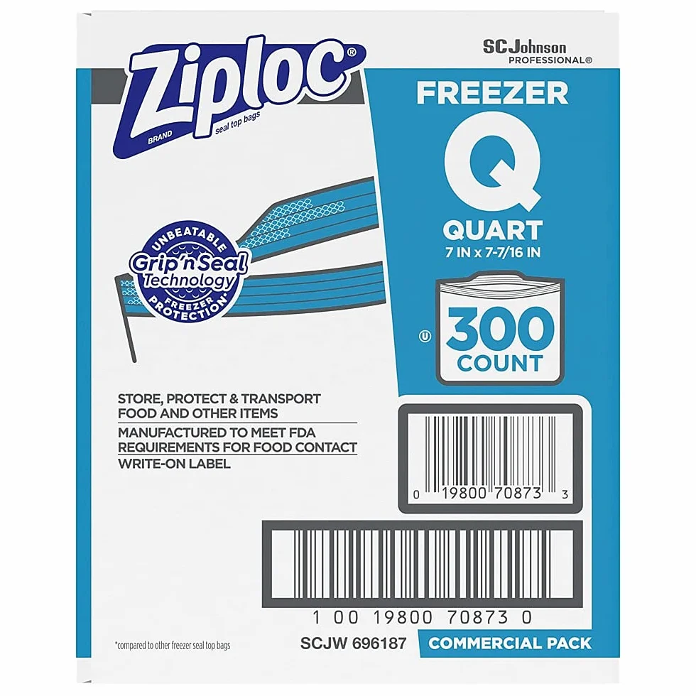 Ziploc Torby do zamrażarki z podwójnym zamkiem błyskawicznym, 1 qt, 2,7 mil, 7 x 7 3/4, przezroczyste W/etykieta, 300/karton