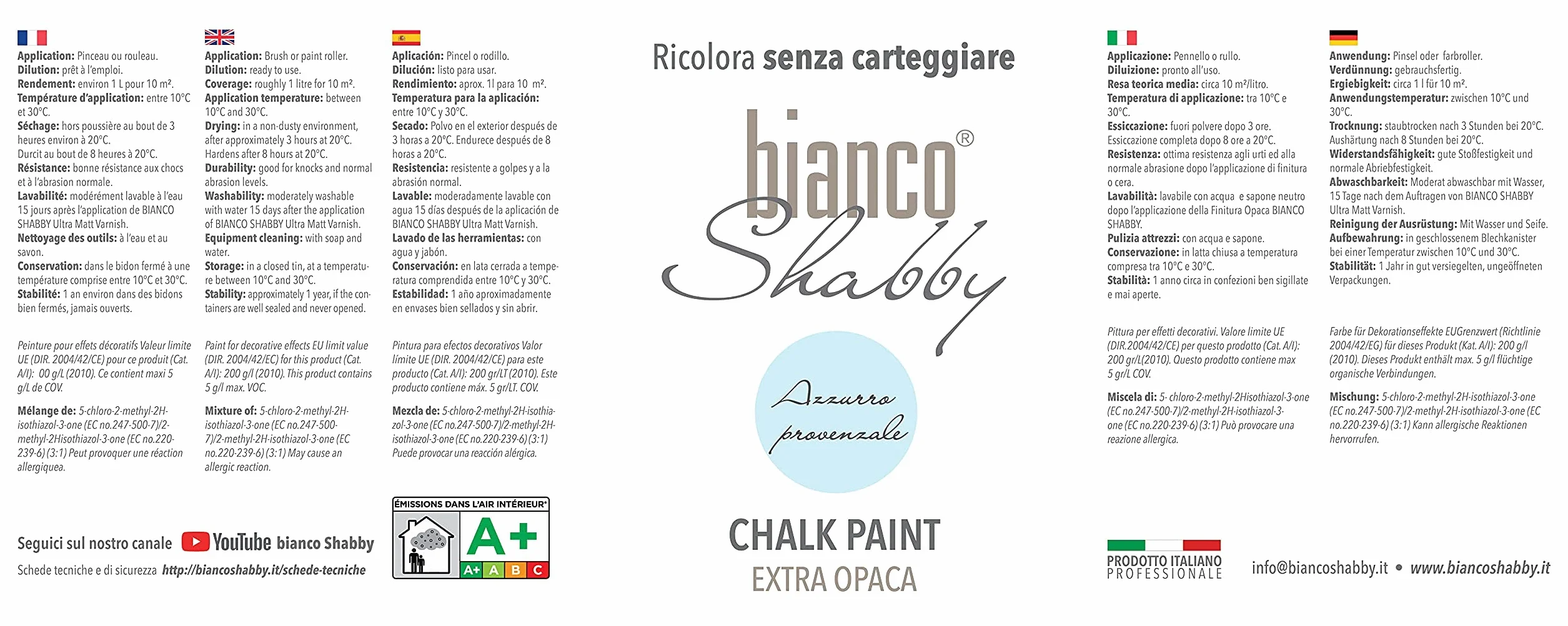 bianco Shabby® Azzurro Provenzale (Provençal Blue) farba kredowa na bazie wody do wszystkich powierzchni – bardzo matowe wykończenie (1 litr)