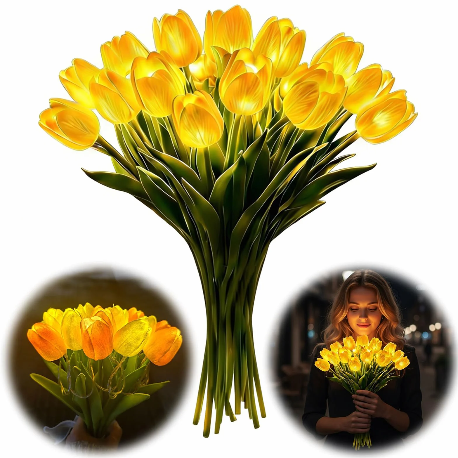 15 szt. promiennych romantycznych tulipanowych lampek LED, regulowane tulipanowe światło nocne, ciepłe światło, świecący bukiet, ozdoba, prezent na rocznicę/ślub/urodziny (żółty)