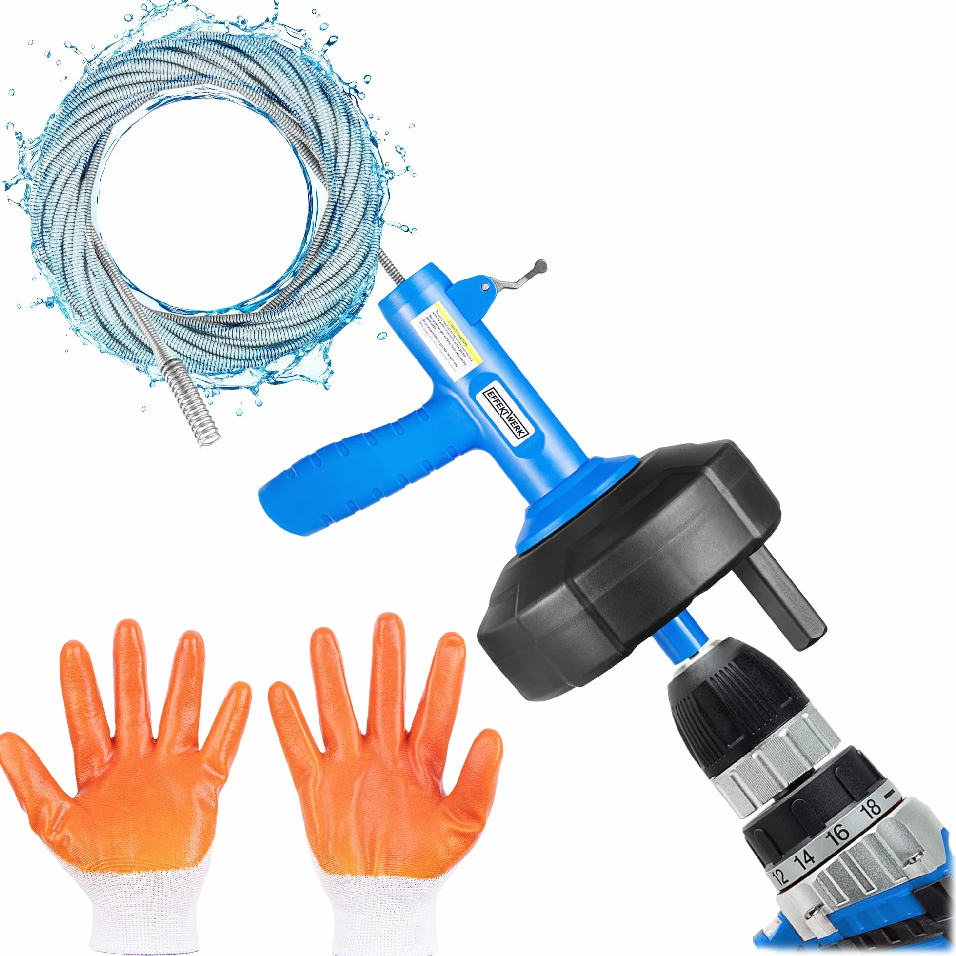 Drain Auger Drill Attachment with 7.6 m Plumbing Snake, Gloves, and Storage Bag - Pipe Clog Remover for Bathtub, Bathroom/Kitchen Sink and Shower Drains
