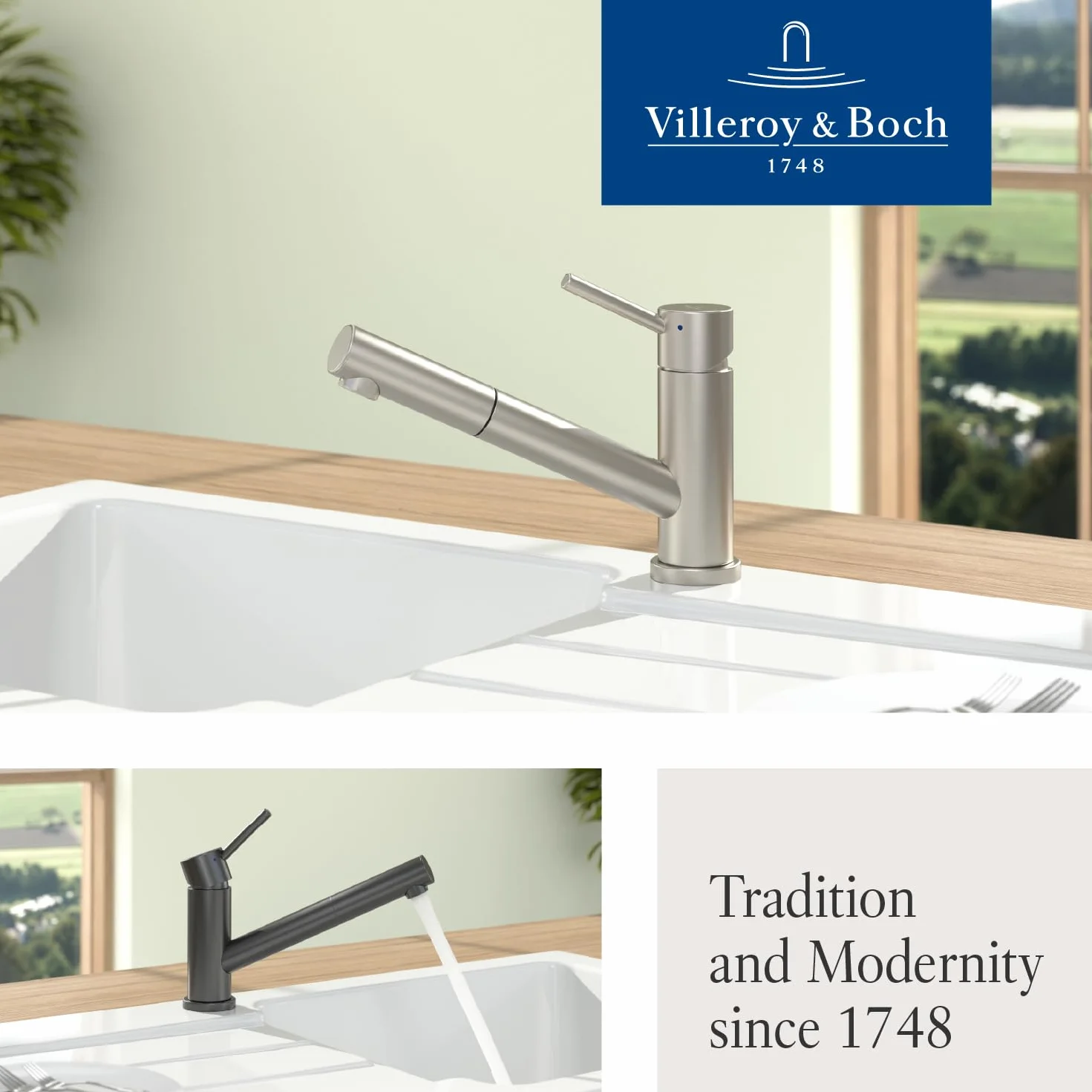 Villeroy & Boch Como Shower Window | Wysokociśnieniowa bateria kuchenna z wyciąganą słuchawką prysznicową i montażem na okno | masywna stal nierdzewna | 925800LC