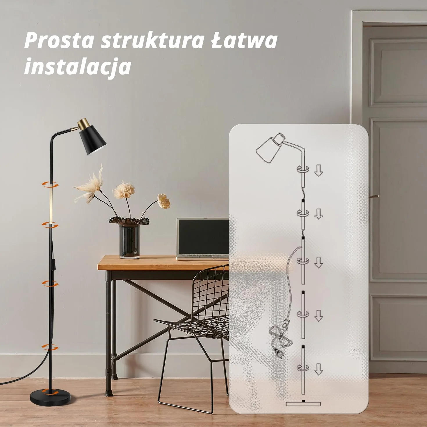 OUSFOT Lampa do czytania i salonu, wysokość 146 cm, 230 V, E27, maks. 40 W, retro, czarna