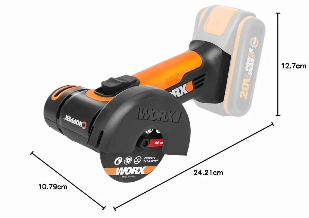 WORX WX801.9 Mini Akumulatorowa Szlifierka Kątowa Chopper 20V, Kompaktowa Szlifierka o Smukłej Obudowie, do Szlifowania i Cięcia, do Metalu, Płytek, Plastiku, bez Akumulatora i Ładowarki
