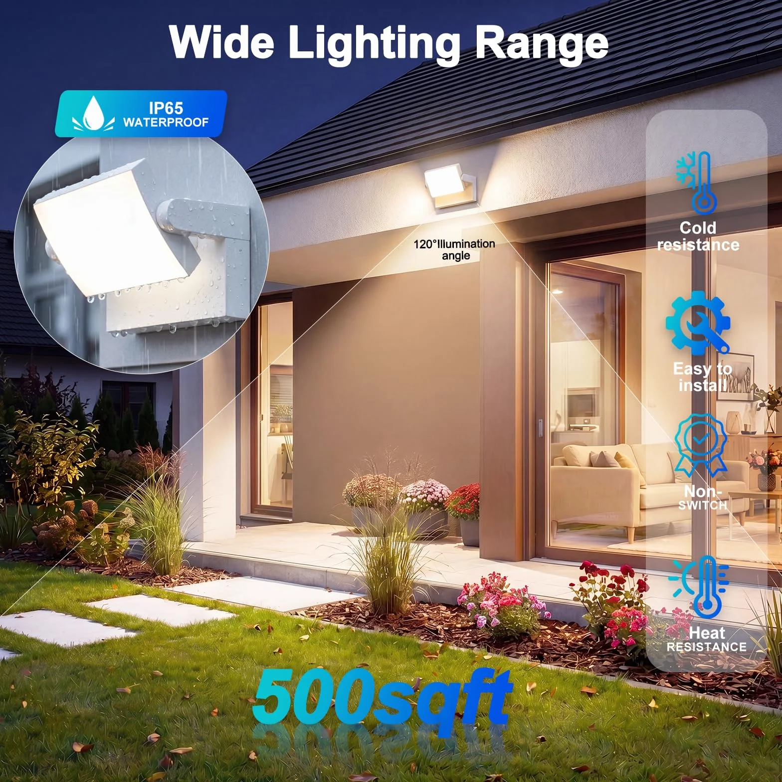 Zewnętrzna lampa ścienna 40 W, obracana o 350°, biała lampa zewnętrzna 4000 lm, naturalna wodoodporna IP65