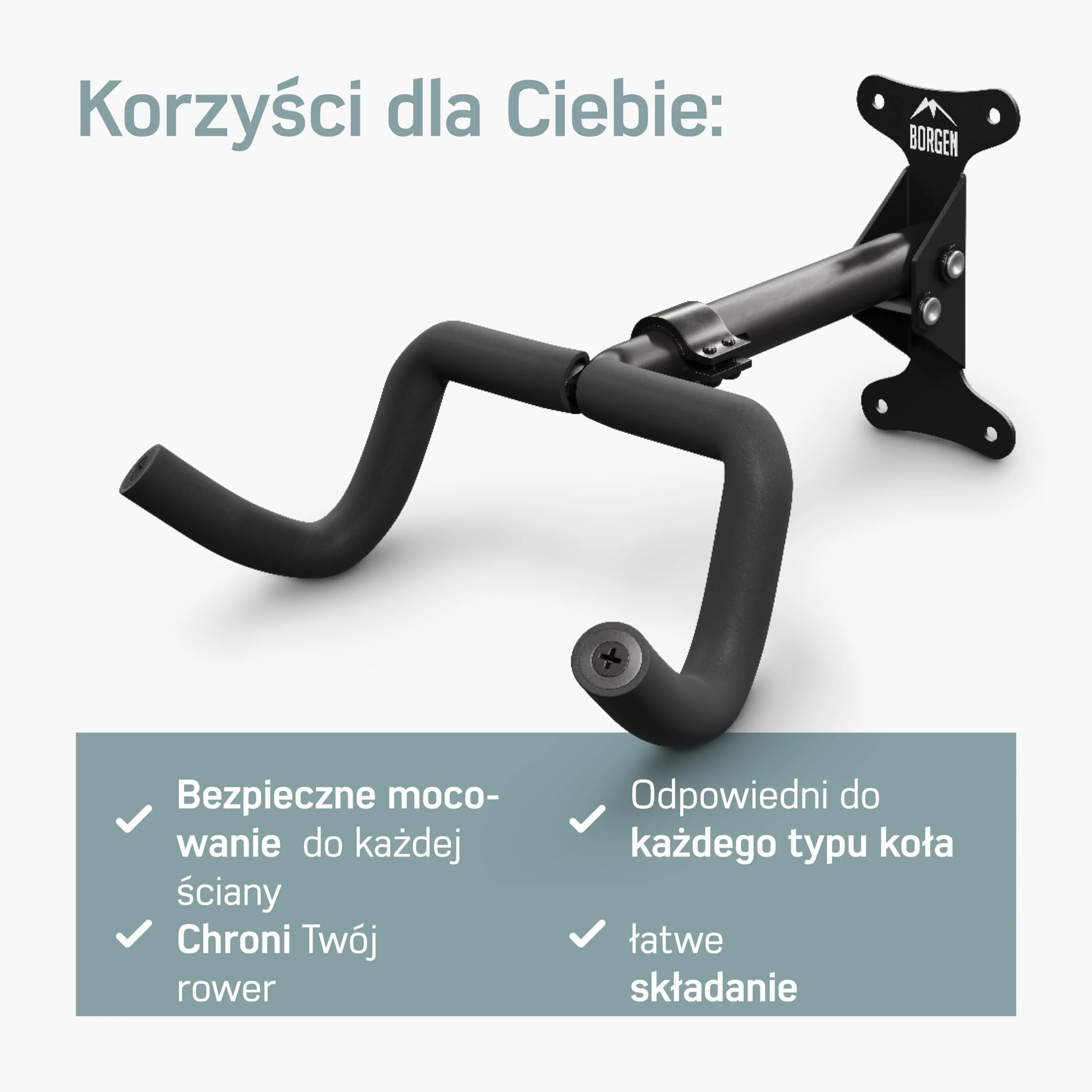 Borgen Uchwyt ścienny do rowerów Uchwyt na rower - regulacja kąta i odległości od ściany, składany, MTB, rower szosowy, uchwyt ścienny na rower - dodatkowa miękka podkładka.