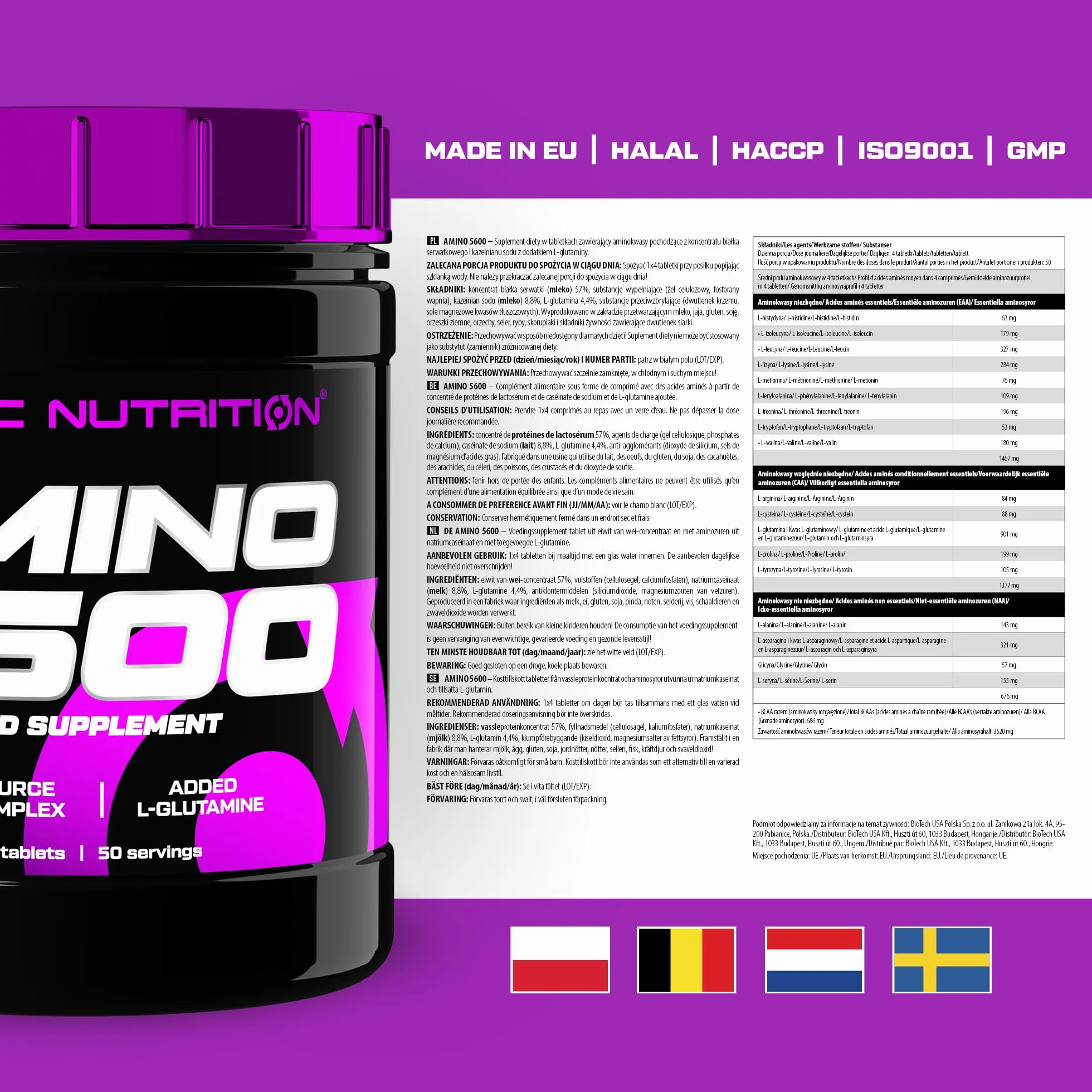 Scitec Nutrition Amino 5600 Tablets, BCAA z L-glutaminą, 500 tabletek