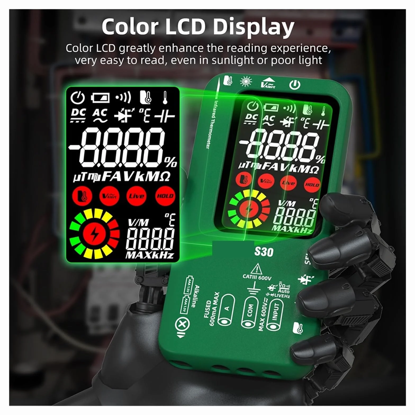 S30 USB Charge Kolorowy Ekran LCD Multimetr Cyfrowy Termometr Na Podczerwień True 15V Dioda AC DC Napięcie Prądu Tester Szybko Dokładnie Łatwy Odczyt(Black S30)