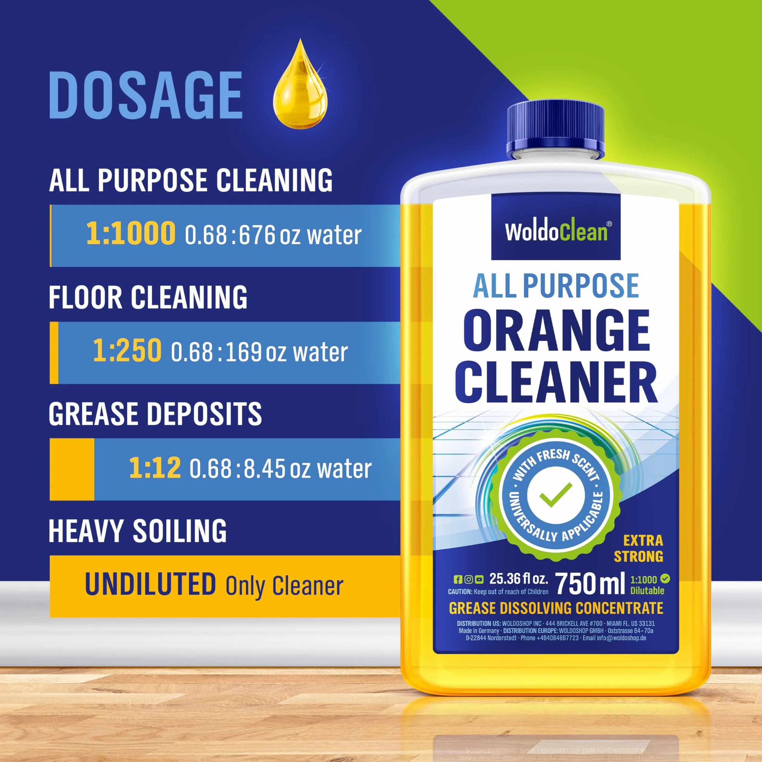 WoldoClean Płyn Pomarańczowy Koncentrat 750ml - Olejek Pomarańczowy & Odtłuszczacz, Usuwa Klej, Żywicę, Gumę & Etykiety, Uniwersalny do Kuchni
