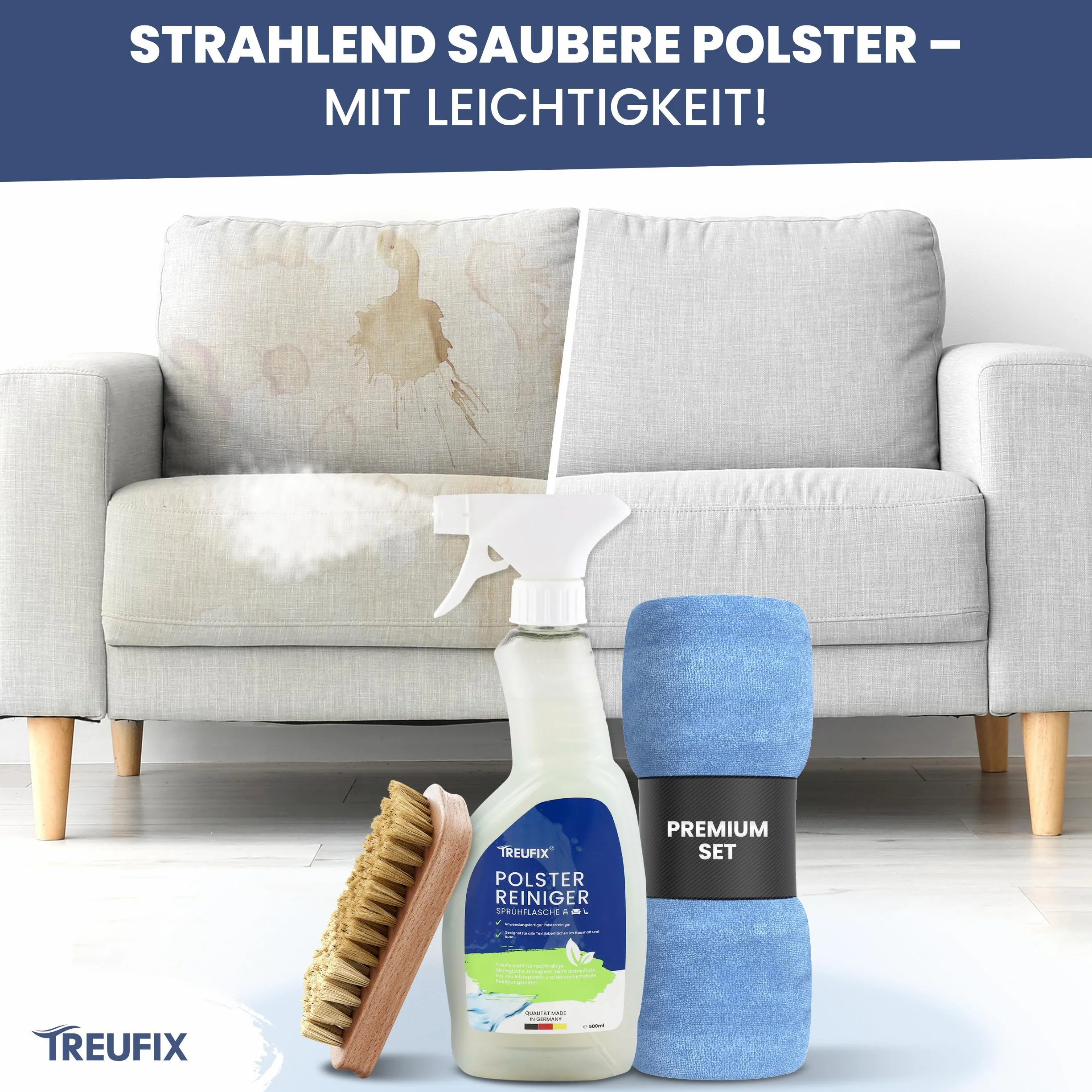 Treufix - Środek do czyszczenia tapicerki i dywanów do foteli samochodowych, sofy i kanapy [profesjonalny zestaw ze szczotką do tapicerki i ściereczką z mikrofibry] Skuteczny środek do czyszczenia