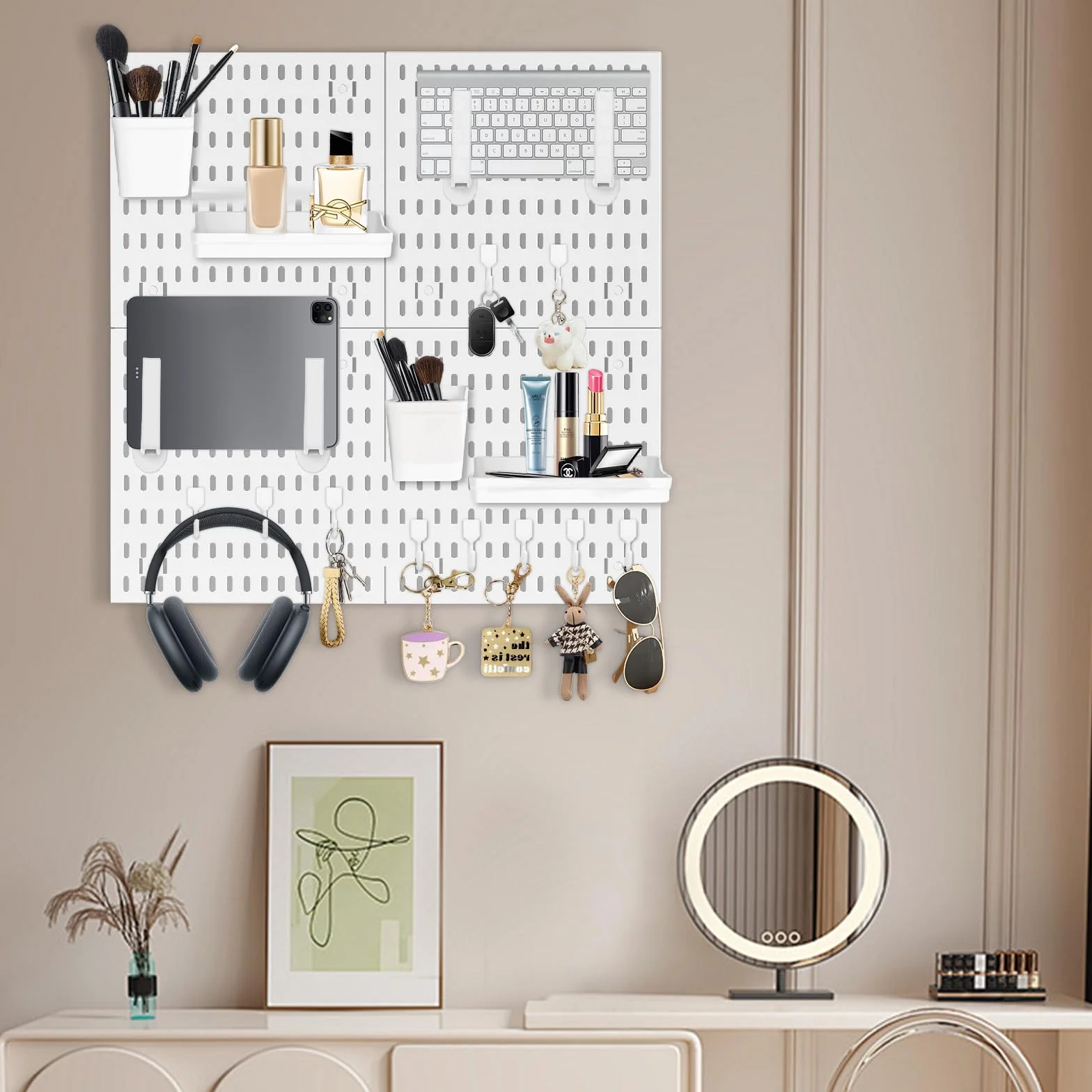 Pegboard zestaw ścianek narzędziowych, 4 sztuki, z tworzywa sztucznego, tablica wtykowa Skadis z 2 wkładanymi półkami, 2 pojemnikami, 14 hakami