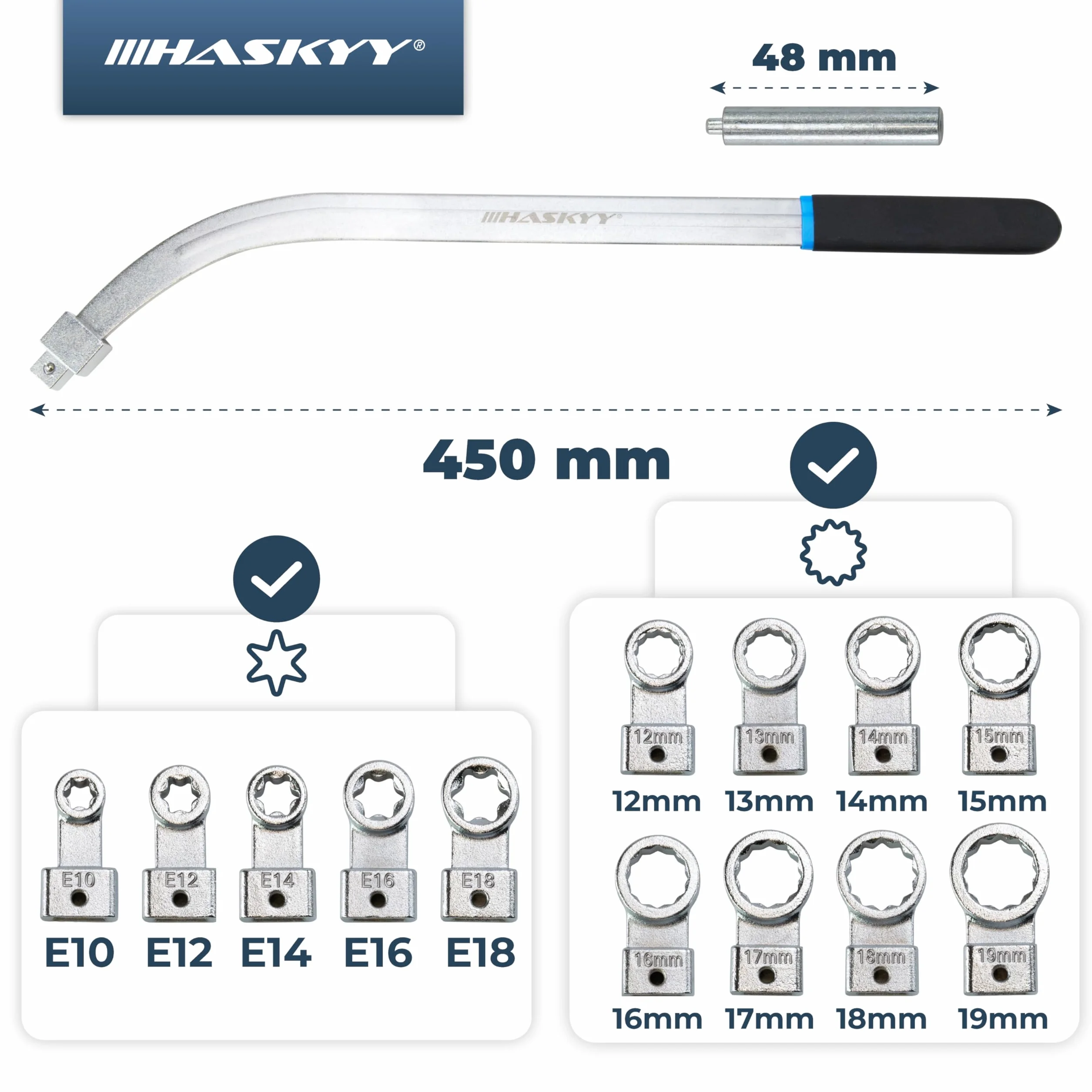 HASKYY 15-częściowy zestaw kluczy z rolkami napinającymi pasek klinowy pasek rozrządu klucz naprężający Torx wielozębowy profil E narzędzie calowe