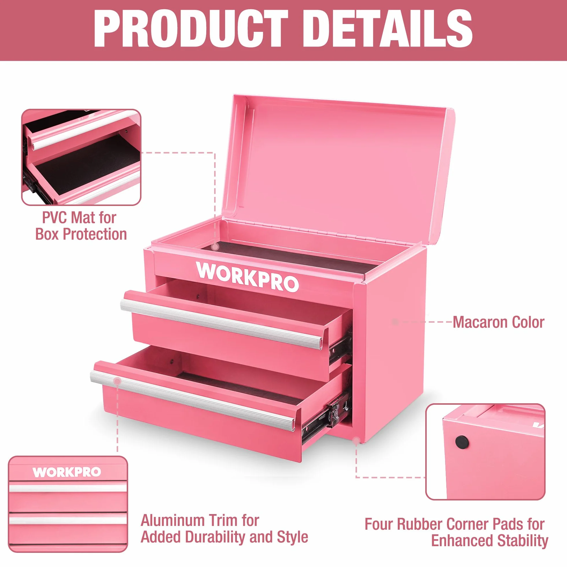 WORKPRO Metalowa skrzynka z szufladami z 2 szufladami i górną przestrzenią do przechowywania, różowa, 27,5 x 15 x 20,8 cm, organizer stołowy z szufladami, do biura, przebieralni i biurka